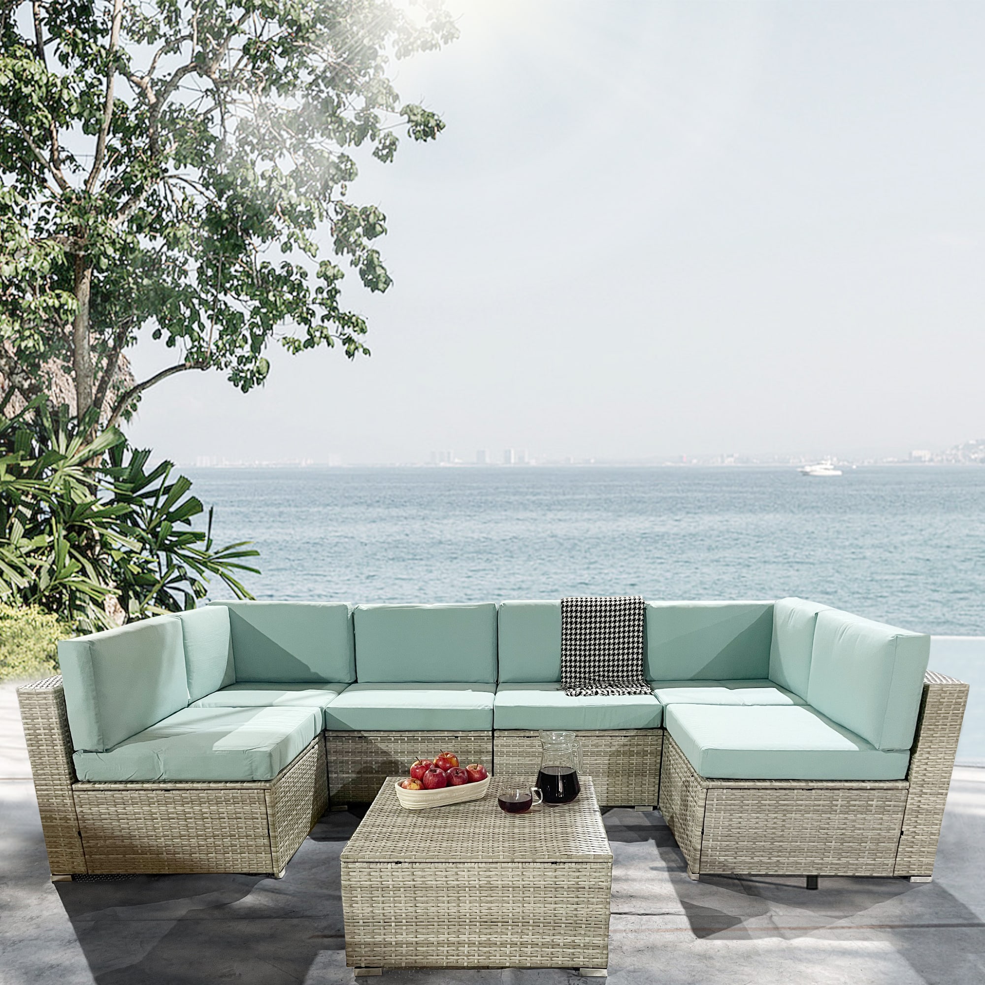 Nestfair PS20027E 7 -Piece Wicker 2 Patio Sofa Conversation Set with Blue Cushions