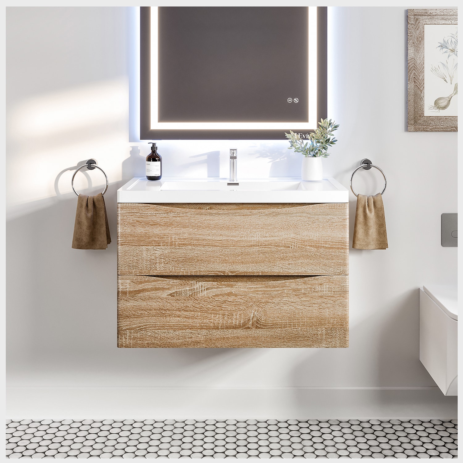Eviva EVVN900-36WHOK-WM Smile 36-in White Oak Single sink Floating Bathroom Vanity with White Acrylic Top
