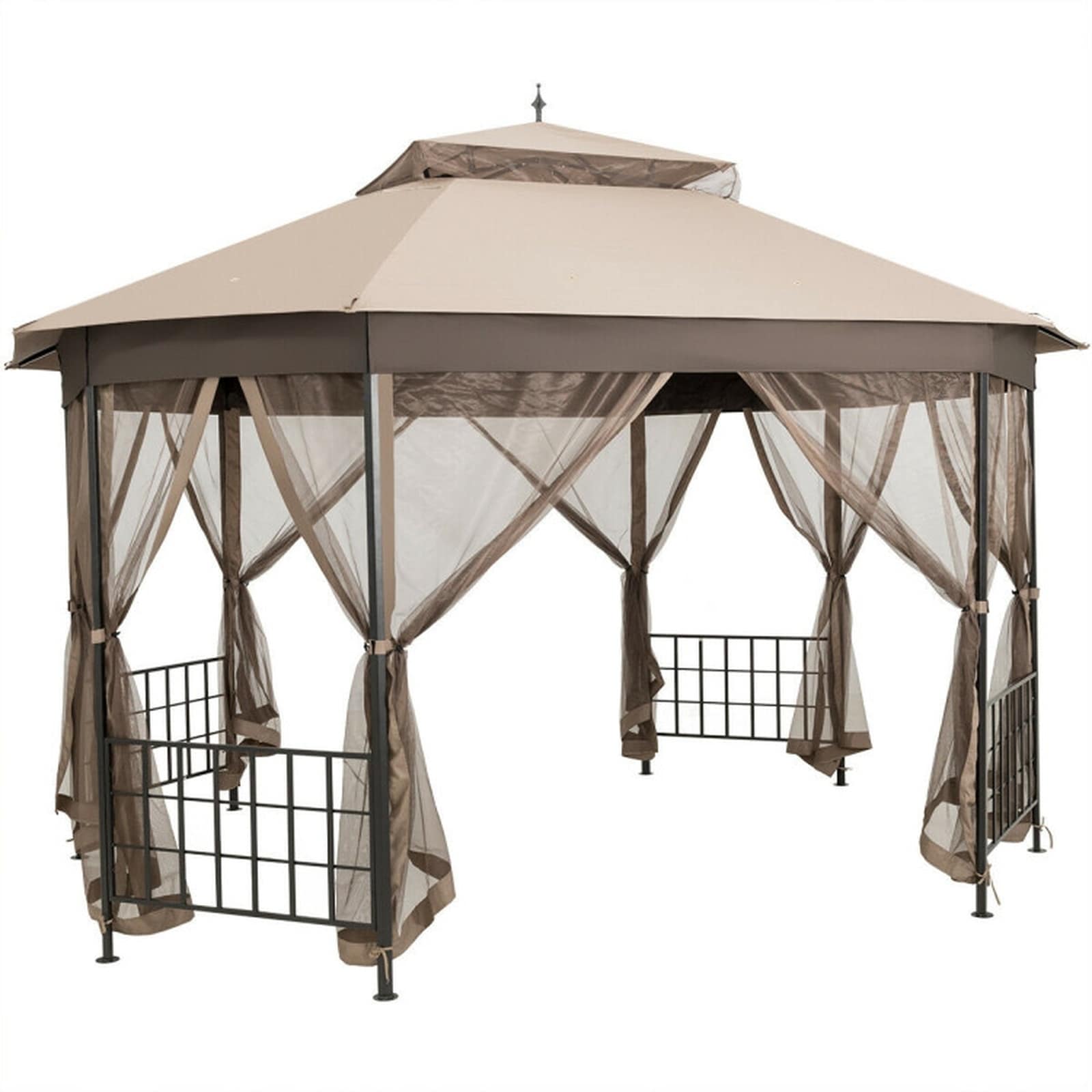 SUGIFT 12-ft x 10-ft Octagonal Outdoor Gazebo with 2-Tier Vented Roof 4 Zippered Netting Sidewalls Powder-Coated Steel Frame 8 Reinforced Legs 16 Ground Stakes and PU-Coated Polyester Canopy for Patio Backyard Poolside Party BBQ Canopy Tent Brown