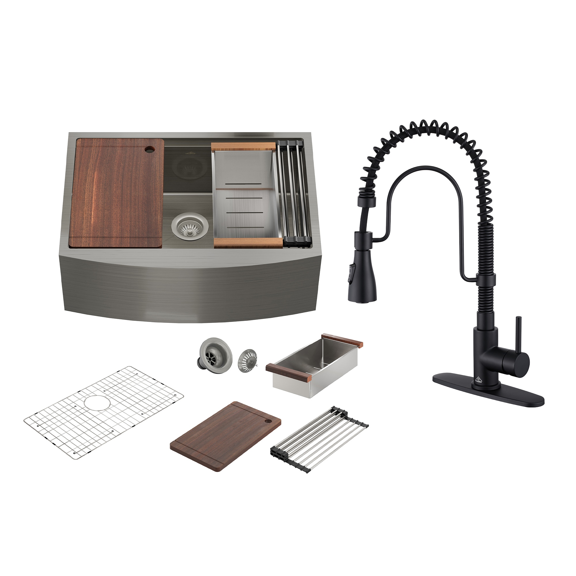 CASAINC KCSL0041-F33M22 Farmhouse apron front 33-in x 22-in Stainless steel Single bowl 16 -Gauge Workstation Kitchen Sink All-in-One Kit with Drainboard