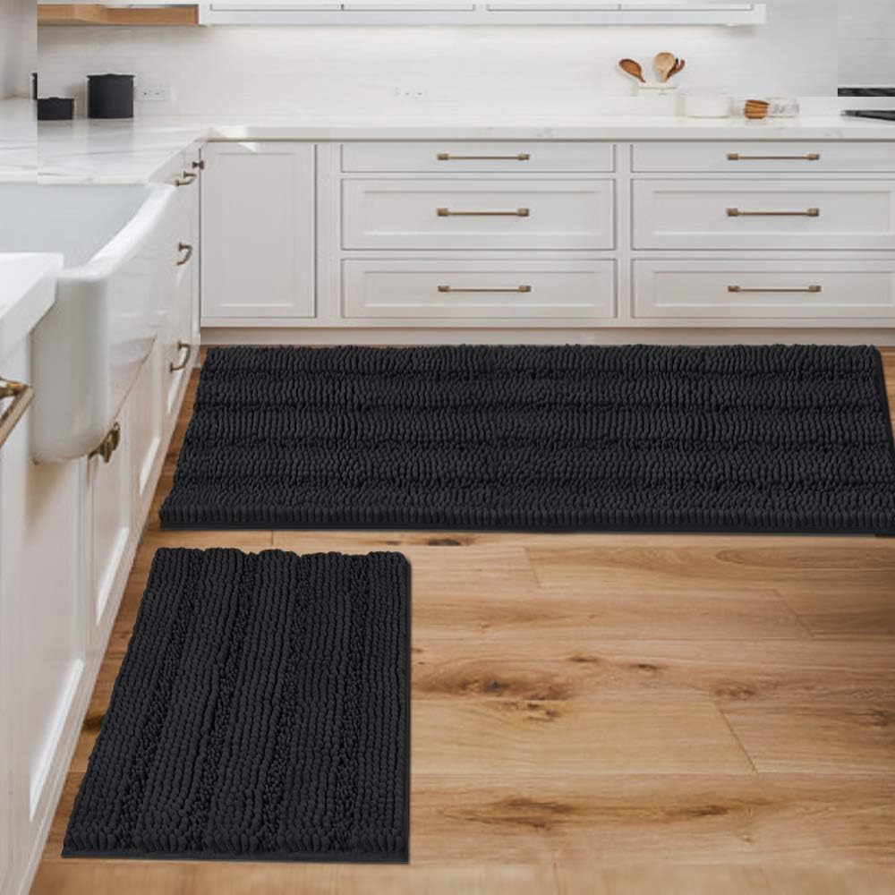 H.Versailtex  Sage Chenille Bath Rug Set 2Piece ExtraThick Striped Shaggy Bath Mats with NonSlip Backing