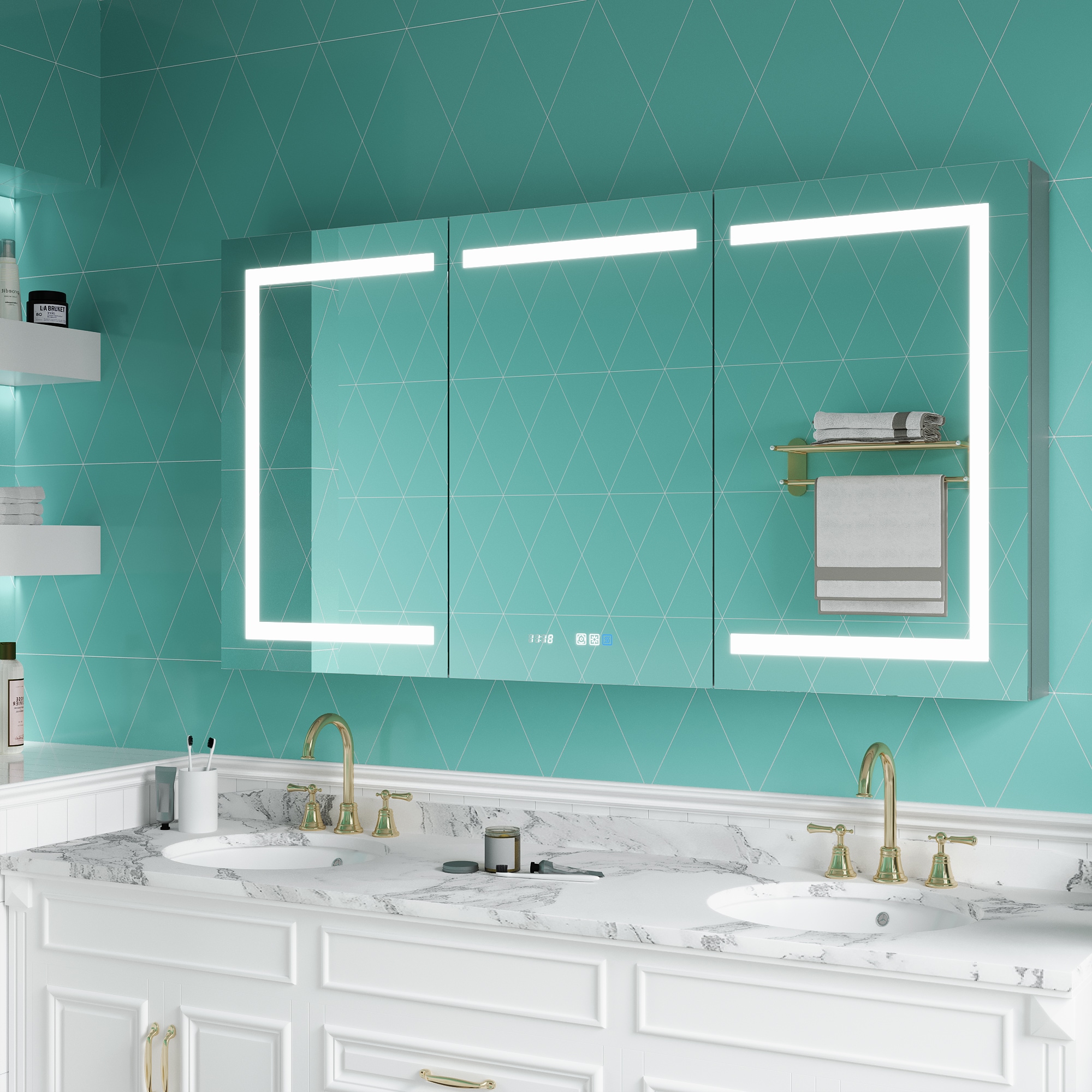 ExBrite 2430V3LV3R1226XD2 Ethos 60-in x 32-in Lighted LED Fog Free Surface/Recessed Mount Silvery Gray Mirrored Rectangle Soft Close Medicine Cabinet with Outlet