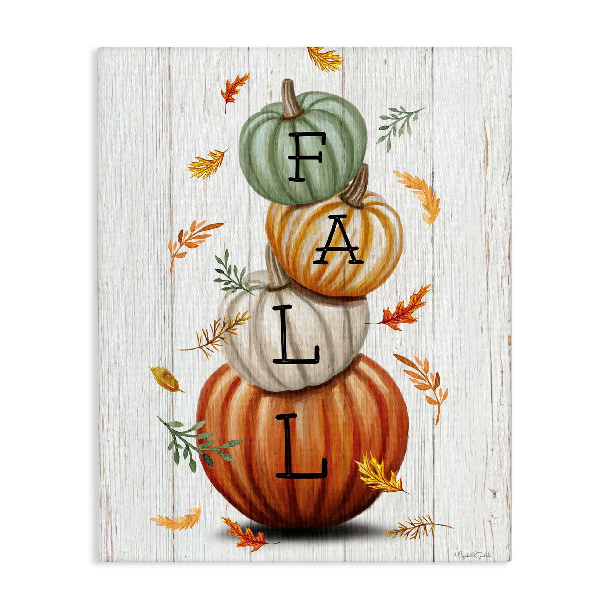 Stupell Industries BT-568-CN-36X48 Falling Leaves and Pumpkin Stack Canvas Wall Art By Elizabeth Tyndall 36 x 48