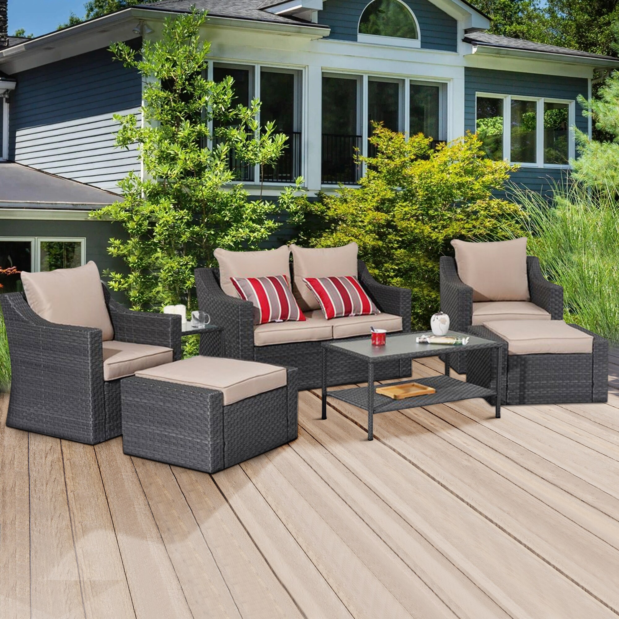Maincraft D01-PFS73 7 -Piece Wicker Patio Conversation Set with Brown Cushions