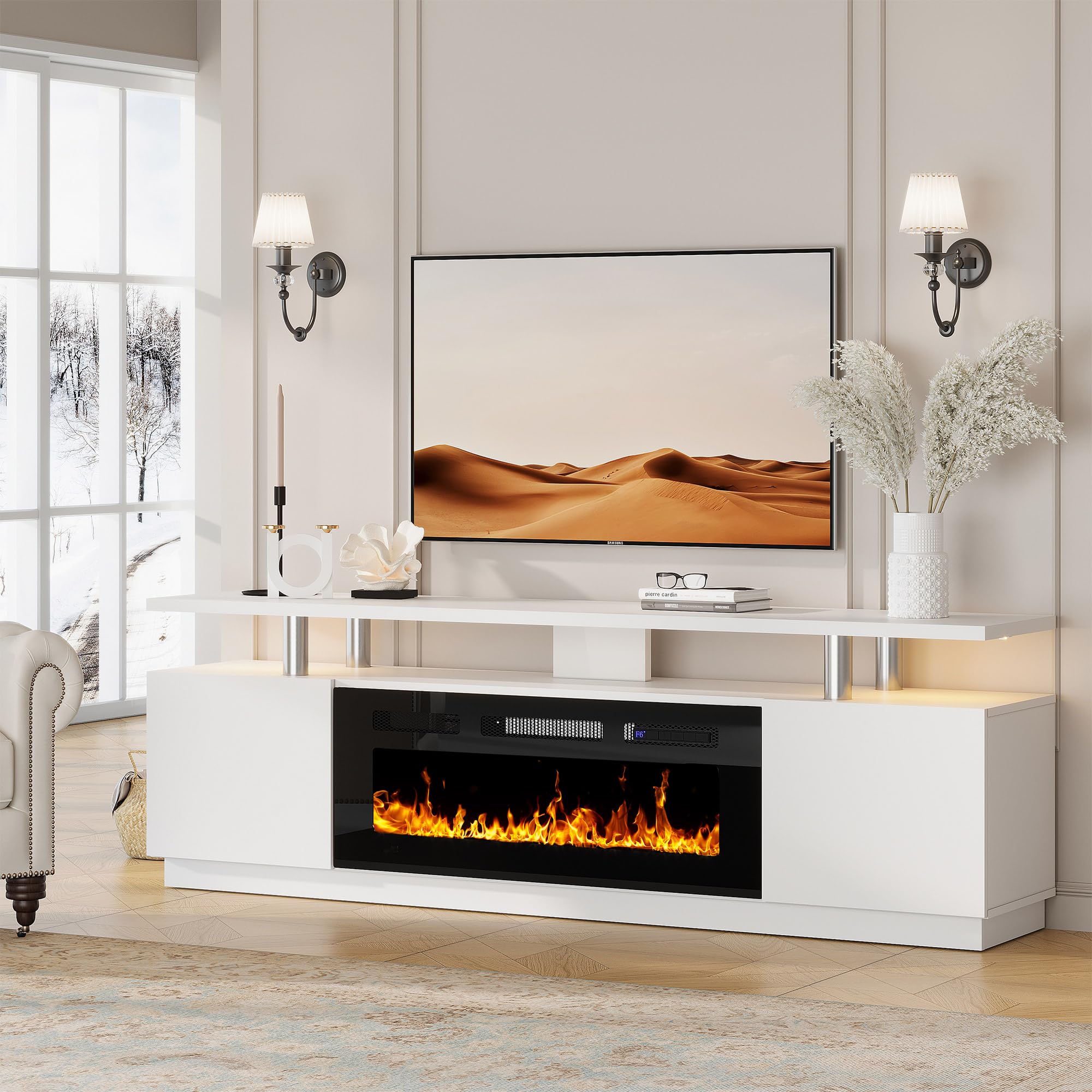 Garvee TV Stand with 36 Inch Electric Fireplace 12 Colors LED Lights 750W or 1500W for Max 80 Inch TV 2 Tier Storage 2 Door Cabinet TV Stand with Fireplace