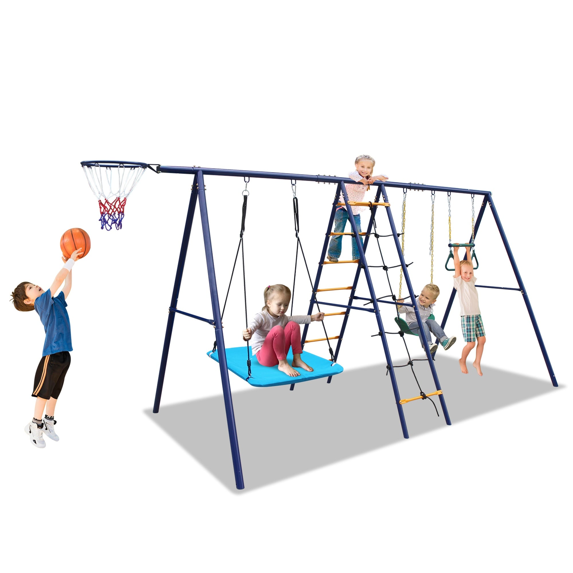 Wudkey 6 in 1 Swing Set With Climbing Frame Climbing Net Glider Hammock Swing Belt Swing Basketball Rim for Backyard