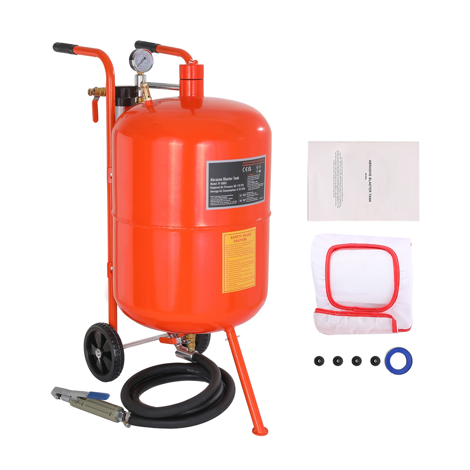 VEVOR SCPSG20JL61202788V0 20 Gallon Sand Blaster  60-110 PSI High Pressure Sandblaster  Portable Abrasive Blasting Tank  Air Sand Blasting Kit with 4 Ceramic Nozzles and Oil-Water Separator for Paint  Stain  Rust Removal