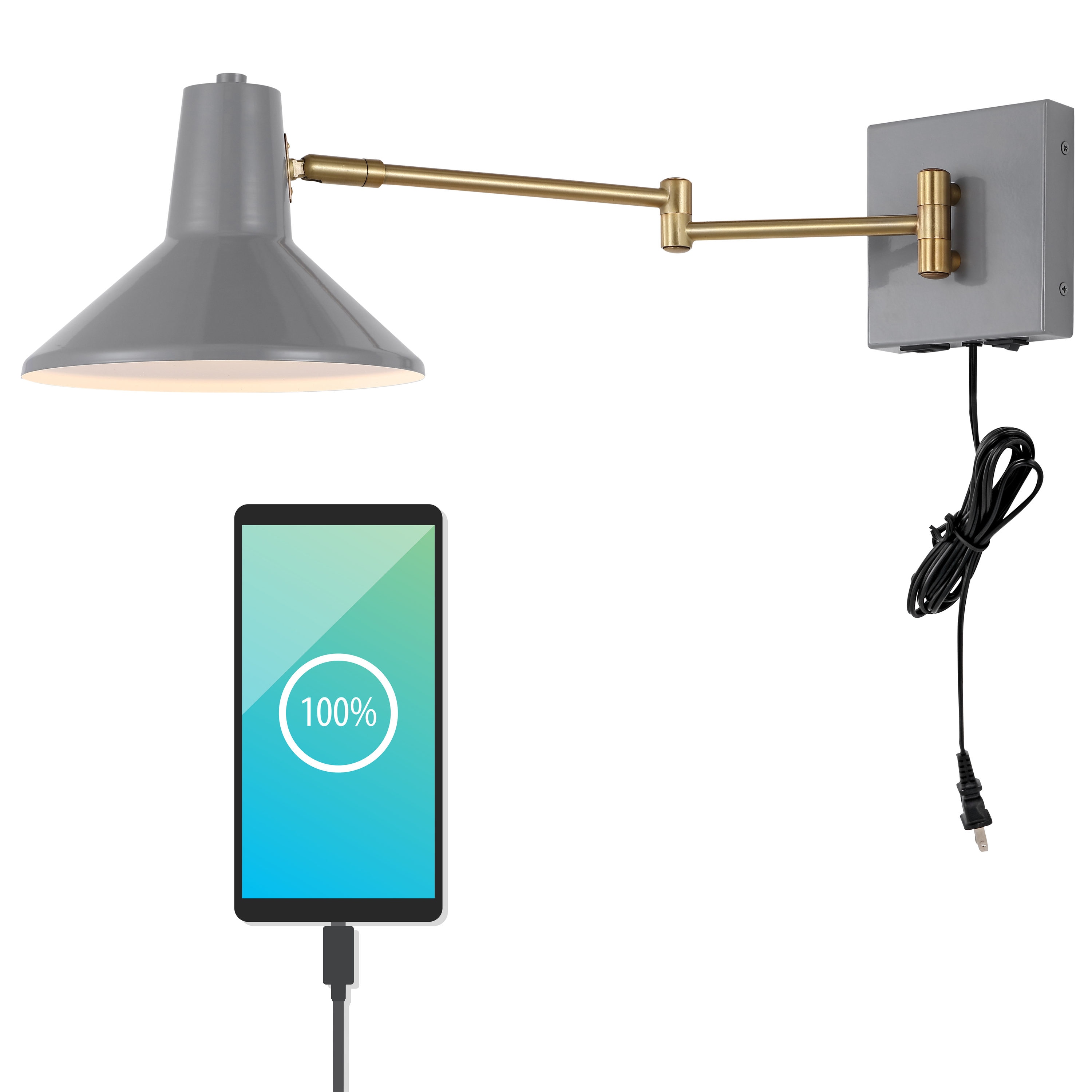 JONATHAN  Y JYL1302C Hygge Iron Swing Arm with USB Charging Port Mid-Century 8-in W 1 -Light Satin Gray Farmhouse Wall Sconce