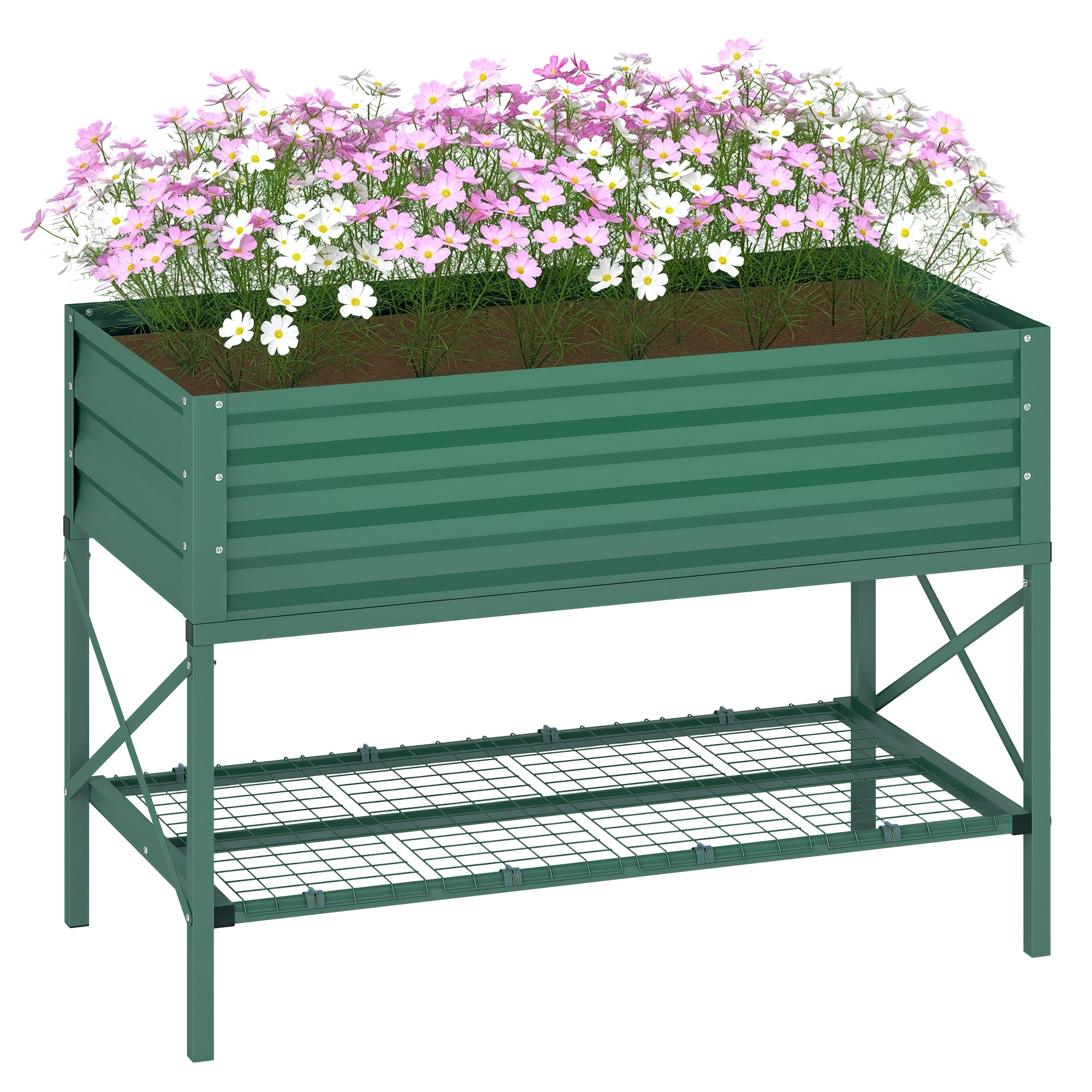 Outsunny 84H-032V00GN Galvanized Raised Garden Bed Metal Planter Box with Legs Storage Shelf and Bed Liner Green