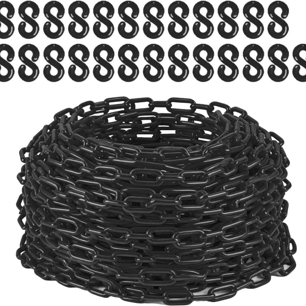 Garvee 120 FT Black Plastic Safety Barrier Chain With 25 S Hooks UV Resistant Crowd Control Plastic Link Chain #WNBB485