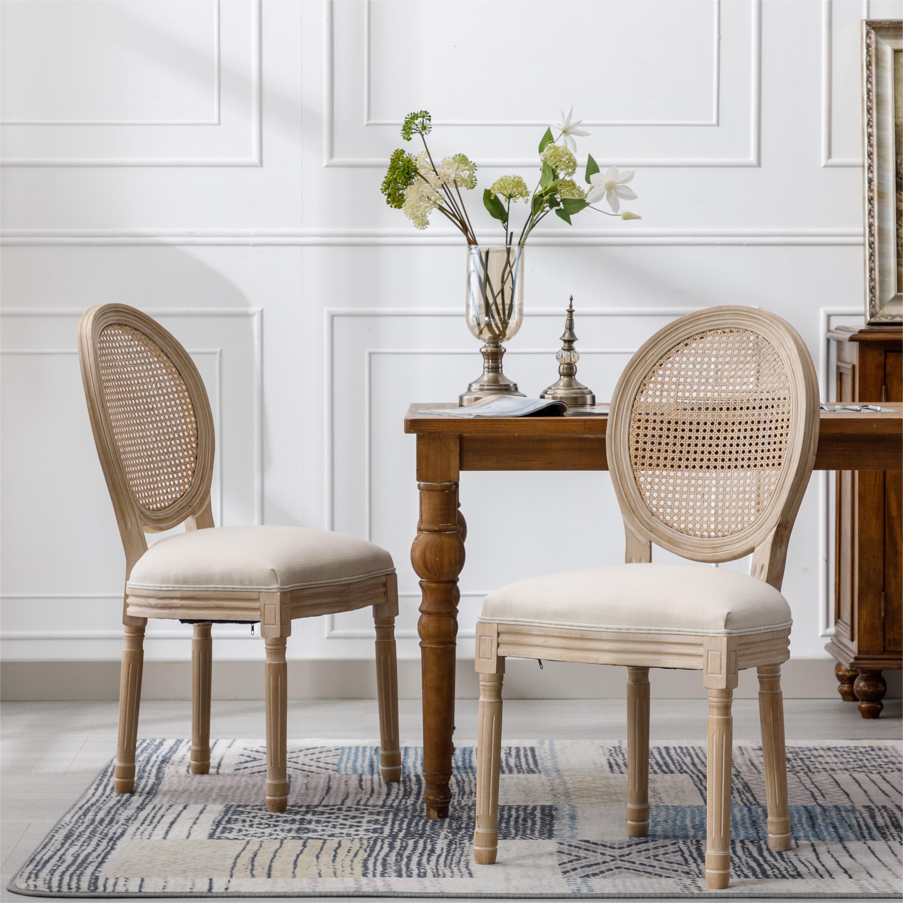 Boyel Living BL-YJF-78980 Cream French Style Solid Wood Frame Linen Fabric Rattan Back Dining Chair Set of 2