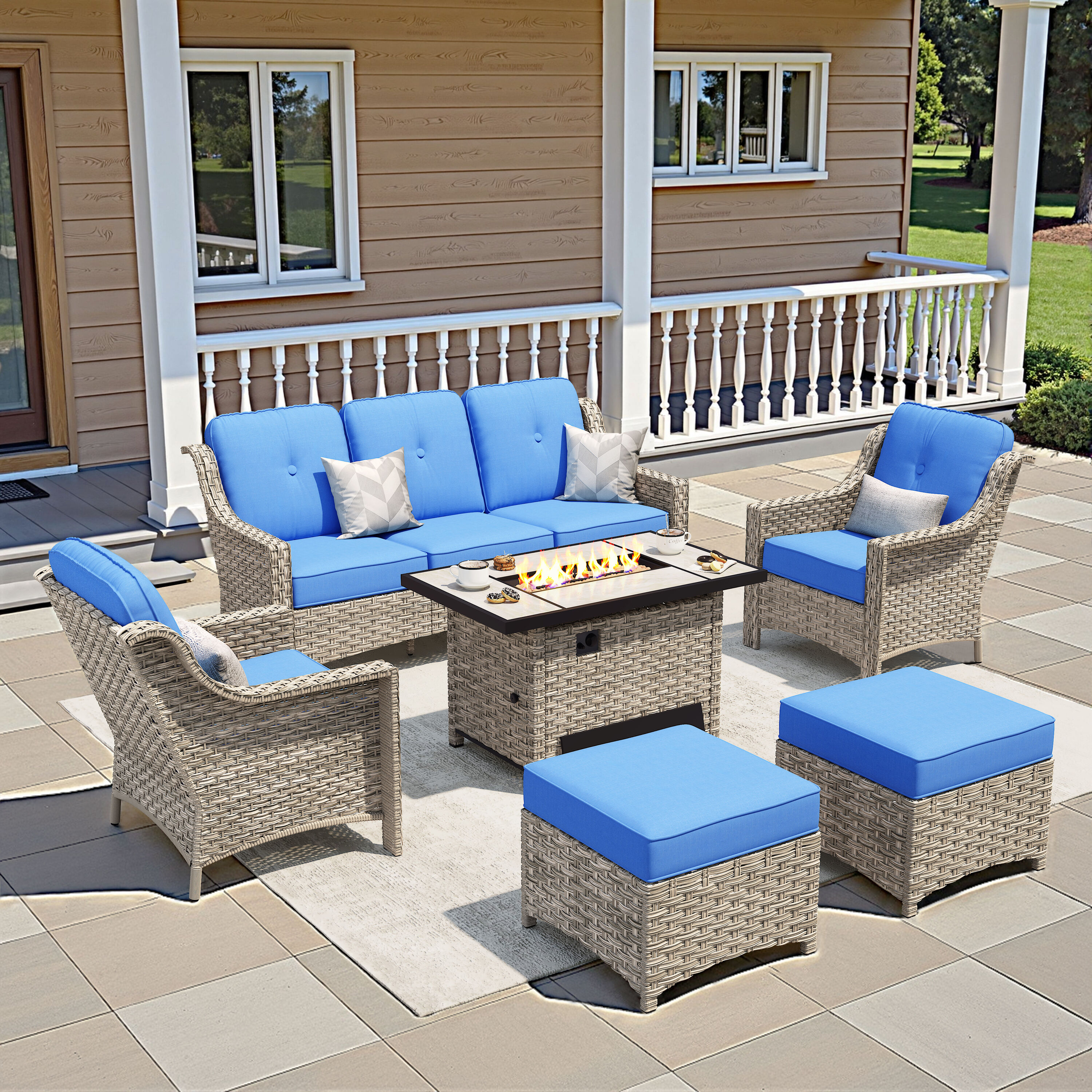 weaxty HMBCFP-YZPAD5072 Aireno 7 -Piece Rattan Patio Sofa Conversation Set with Blue Cushions