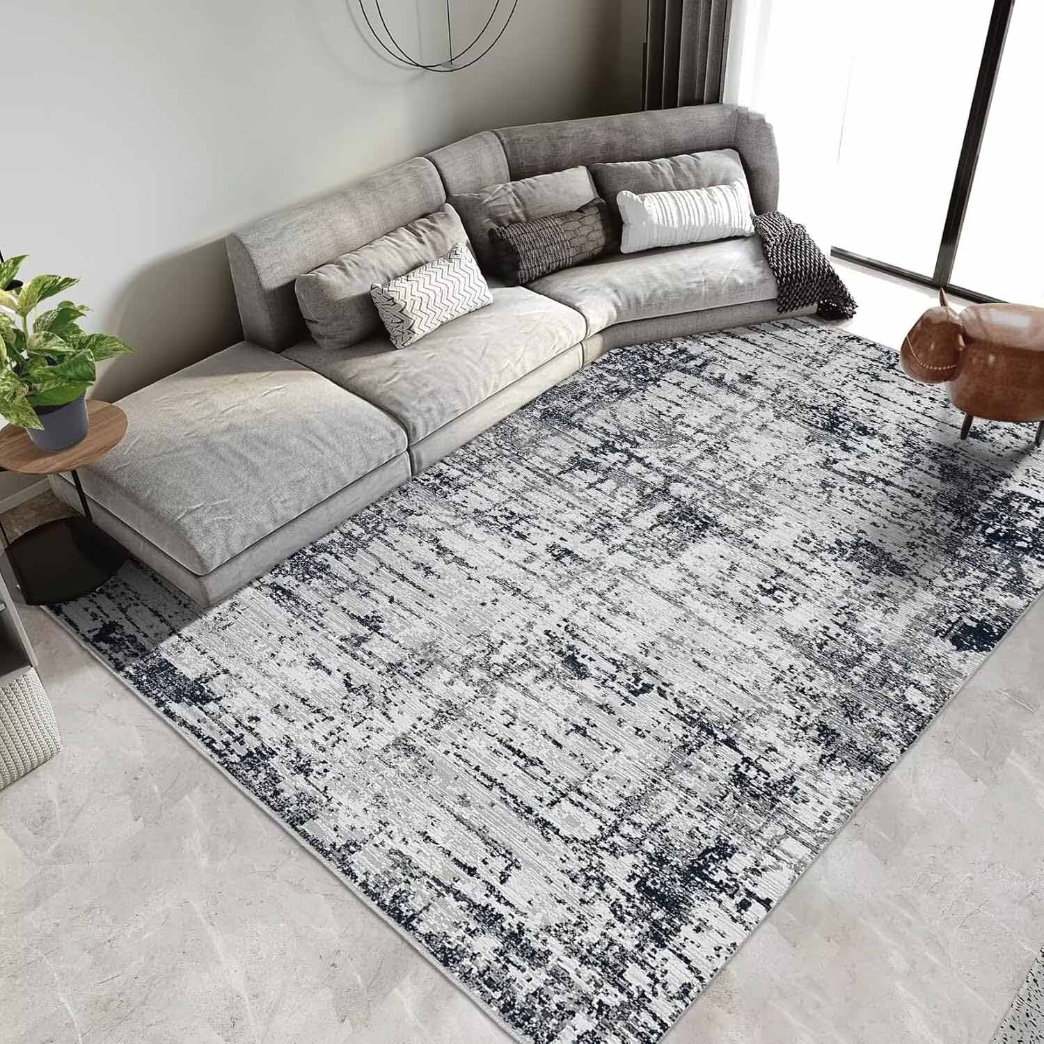 Garvee YXY-LO-PHO-16LWZK8H 5 x 7 (ft) Loomed Polyester Black Gray Rectangular Indoor Abstract Mid-Century Modern Machine washable Area rug