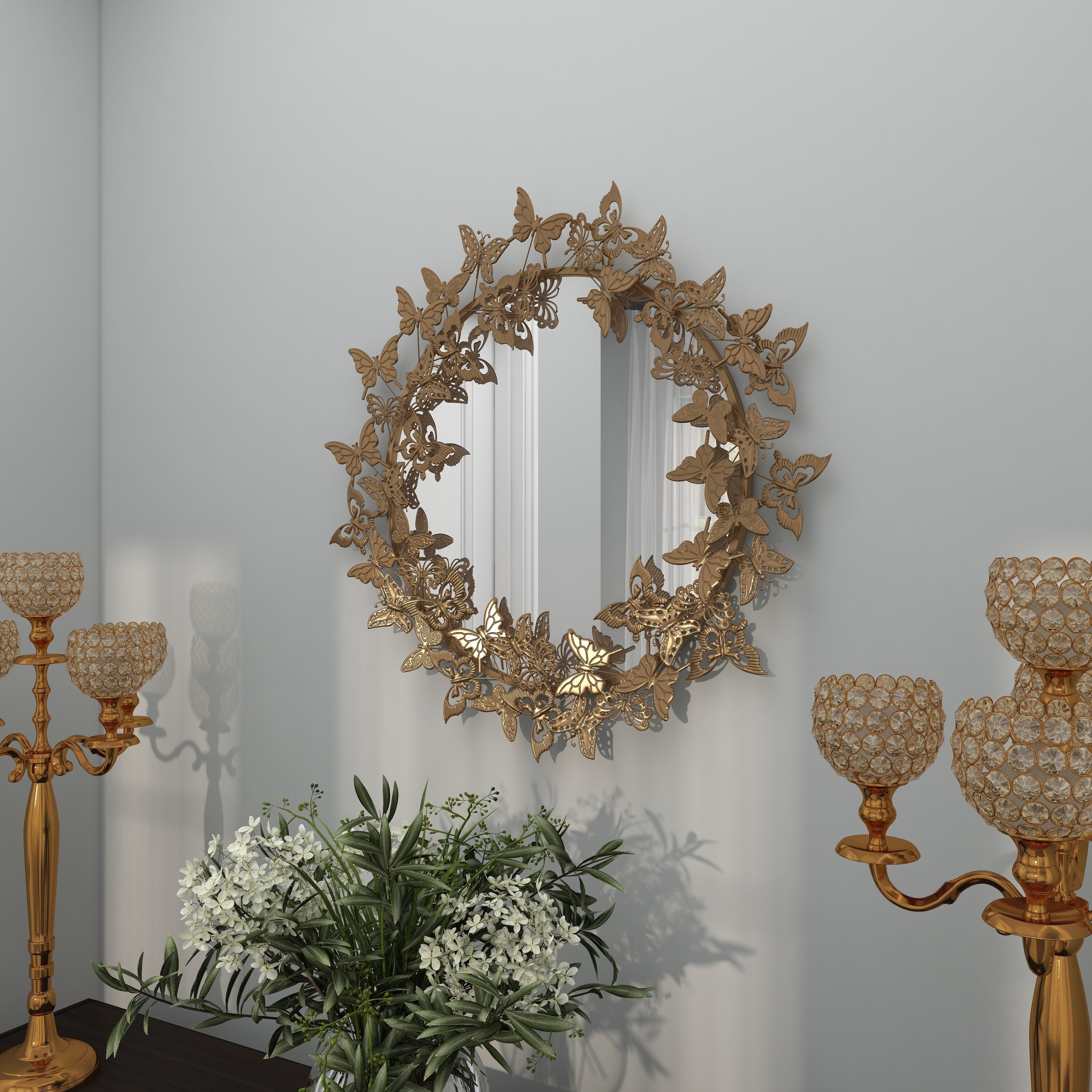 Round Antique Gold Metal Laurel Wreath Wall Mirror