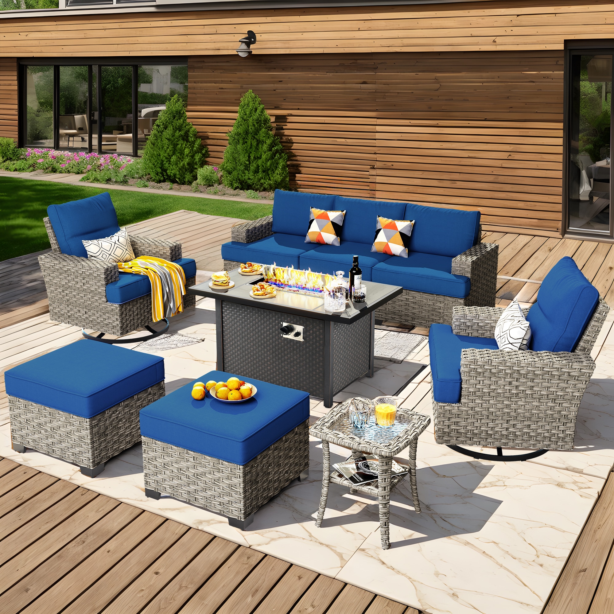 Caodoc L5-CFP03-YZTBS709-1 CFP03-YZTBS Rattan Outdoor Sectional with Blue Cushions and Wicker Frame