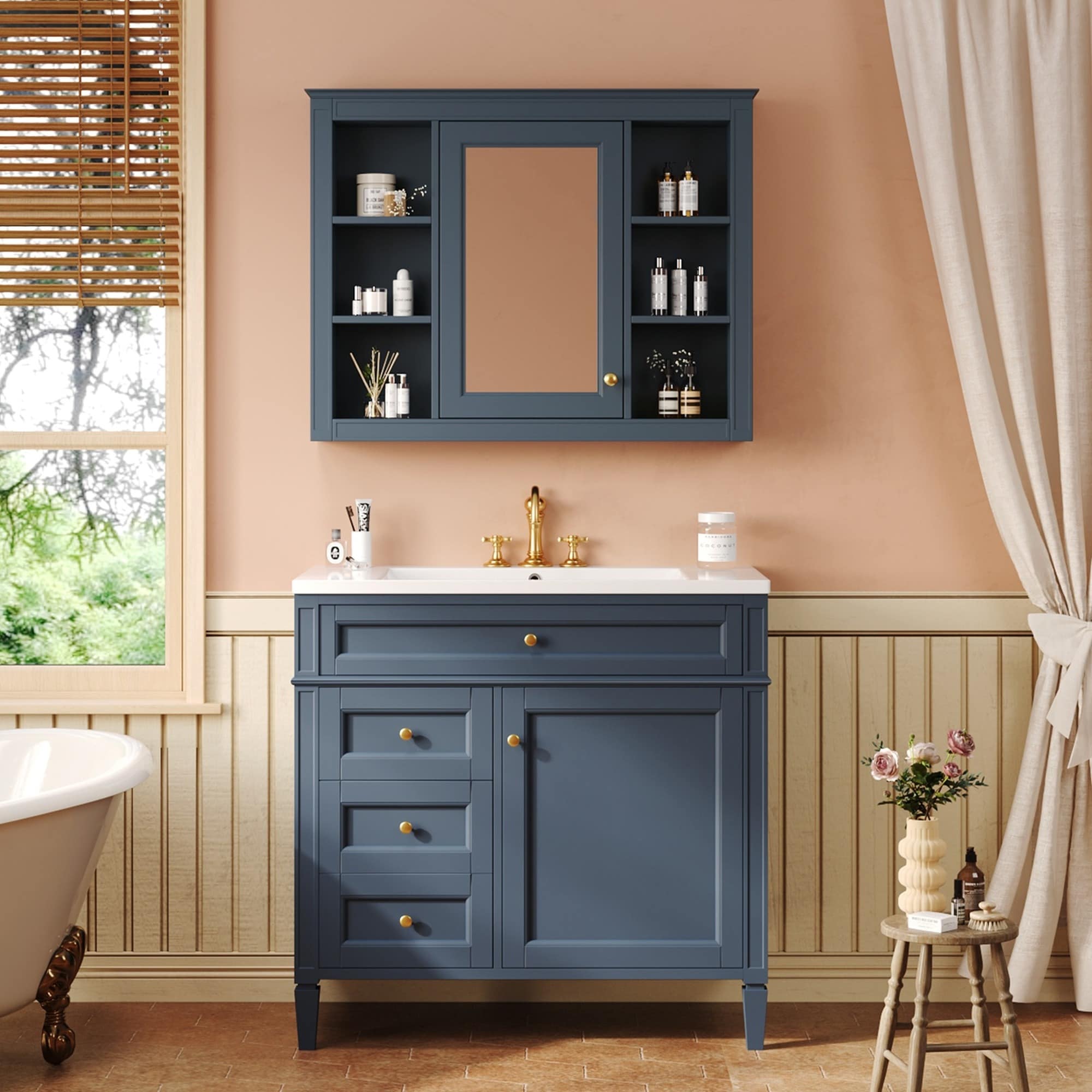 IAK 36 inch Blue MDF and Solid Wood Bathroom Vanity with Ceramic Sink and 2 Soft Closing Doors