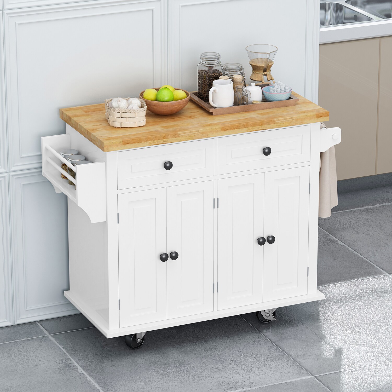 Bybafun White Mdf Base with Wood Top Rolling Kitchen Cart (17.5-in x 43 ...