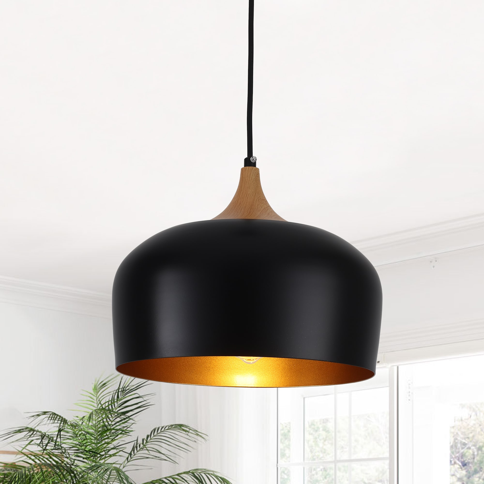 HLJYNJM - 1-Light Modern Wooden Dome Pendant Light Fixture for Kitchen Island Dining Room