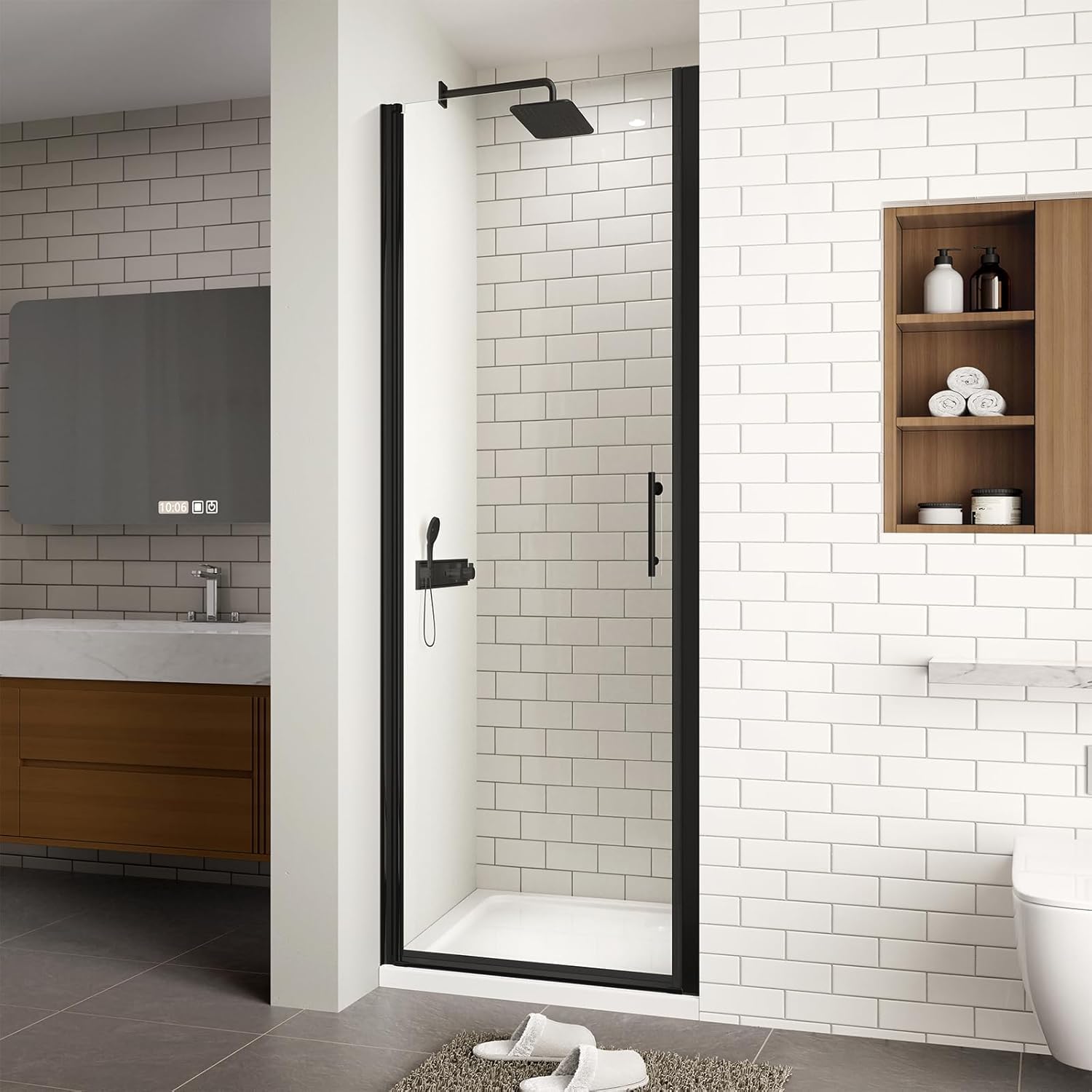 AKSCYZM  24 to 25 3/8 in Wide by 72 in High Frameless Pivot Shower Door with Clear Tempered Glass and Matte Black Finish durable home and garden