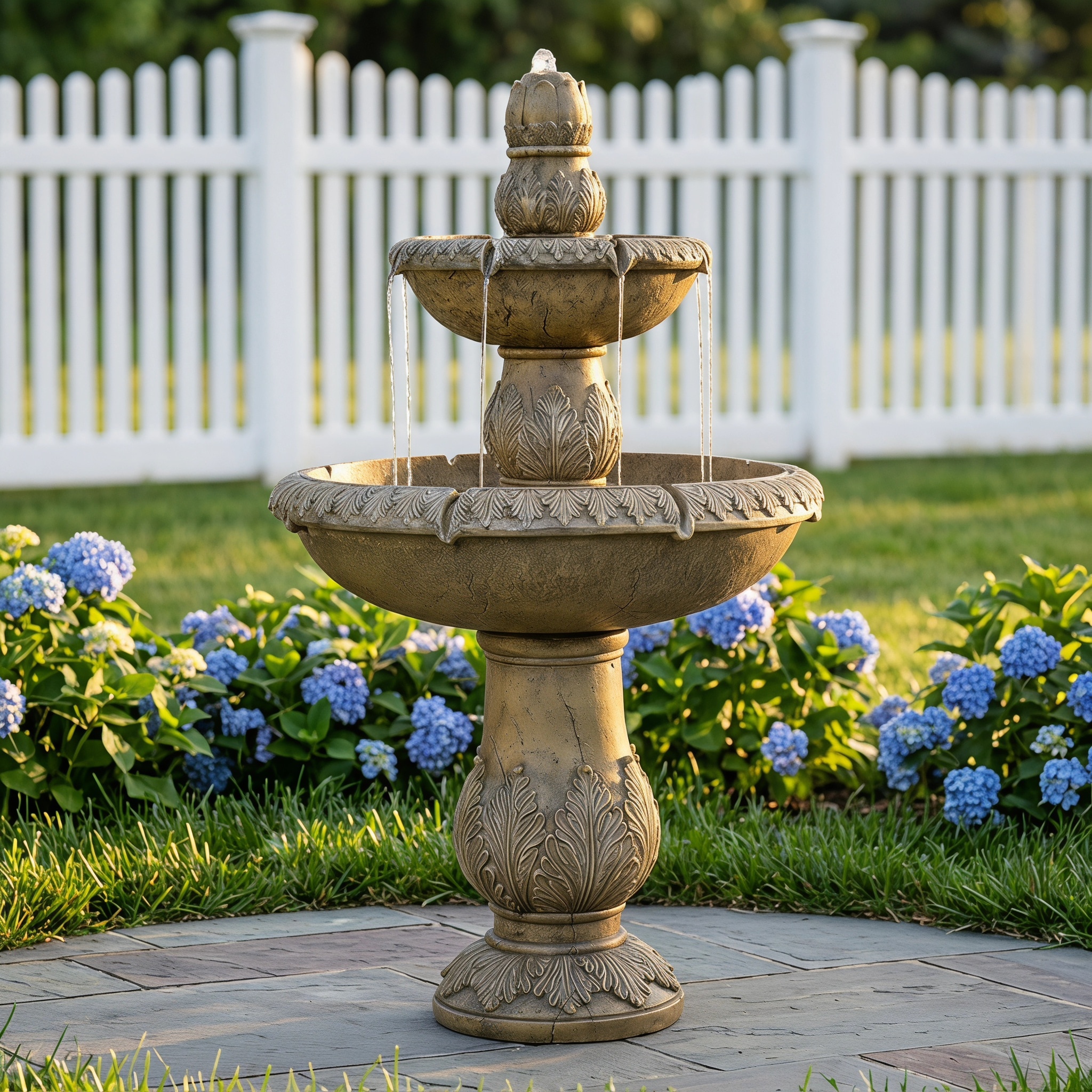 Watnature  47.2 Inch Solid Cast Concrete 2-Tier Cascading Outdoor Water Fountain Ornate Acanthus Leaf Hand Carved Freestanding Pedestal Fountain for Patio Backyard Lawn Garden Landscape Decor