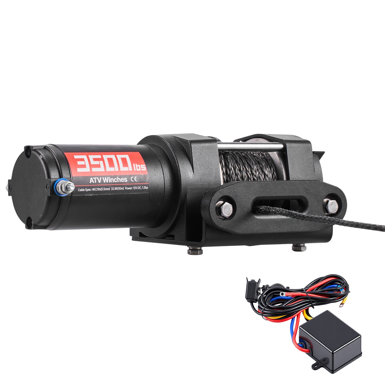 Mecale 3500 lb 12V Electric Winch ATV UTV Synthetic Rope 32.8 ft Wired Remote IP55 Aluminum Fairlead Black