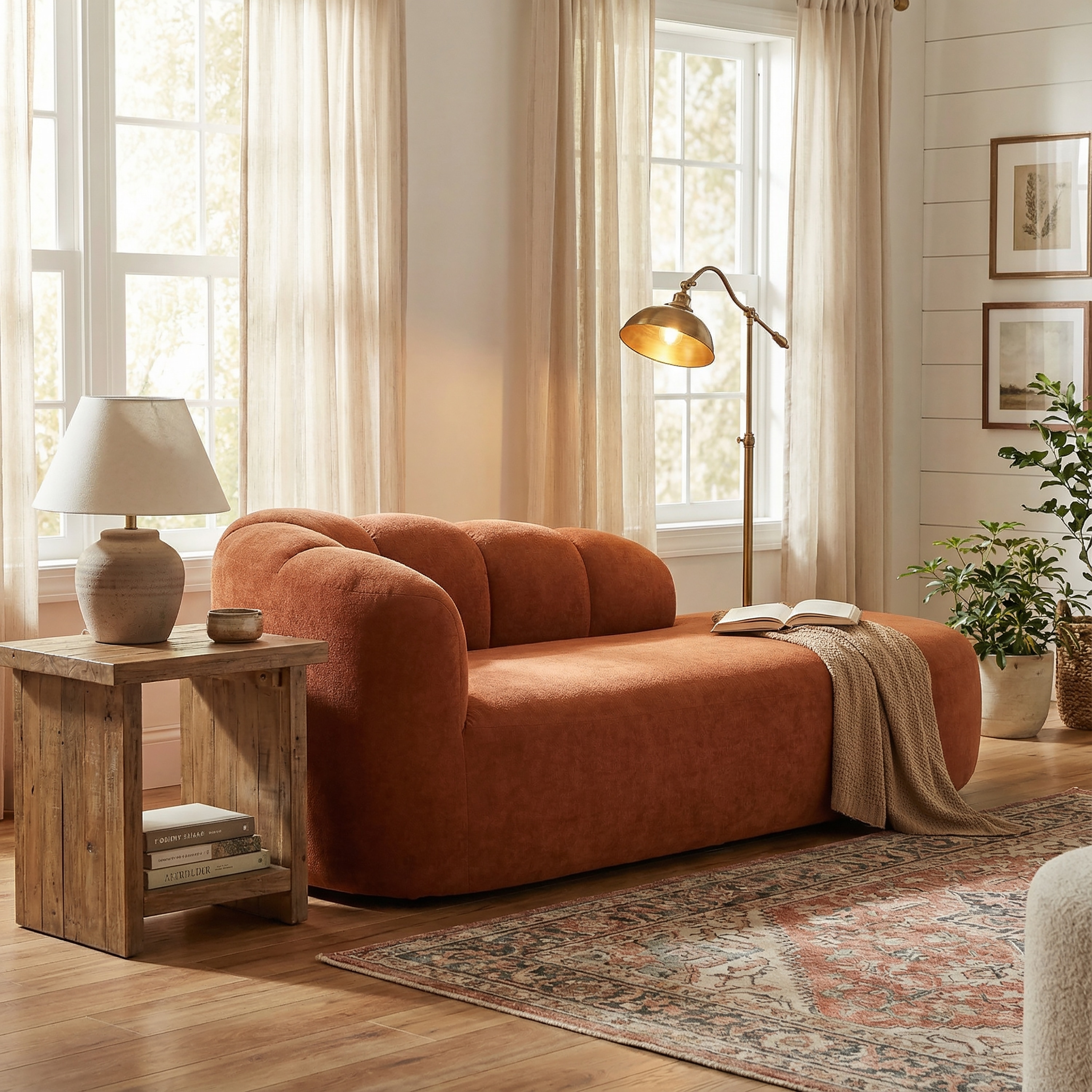 Dark Orange 80 Inch Curved Upholstered Sofa