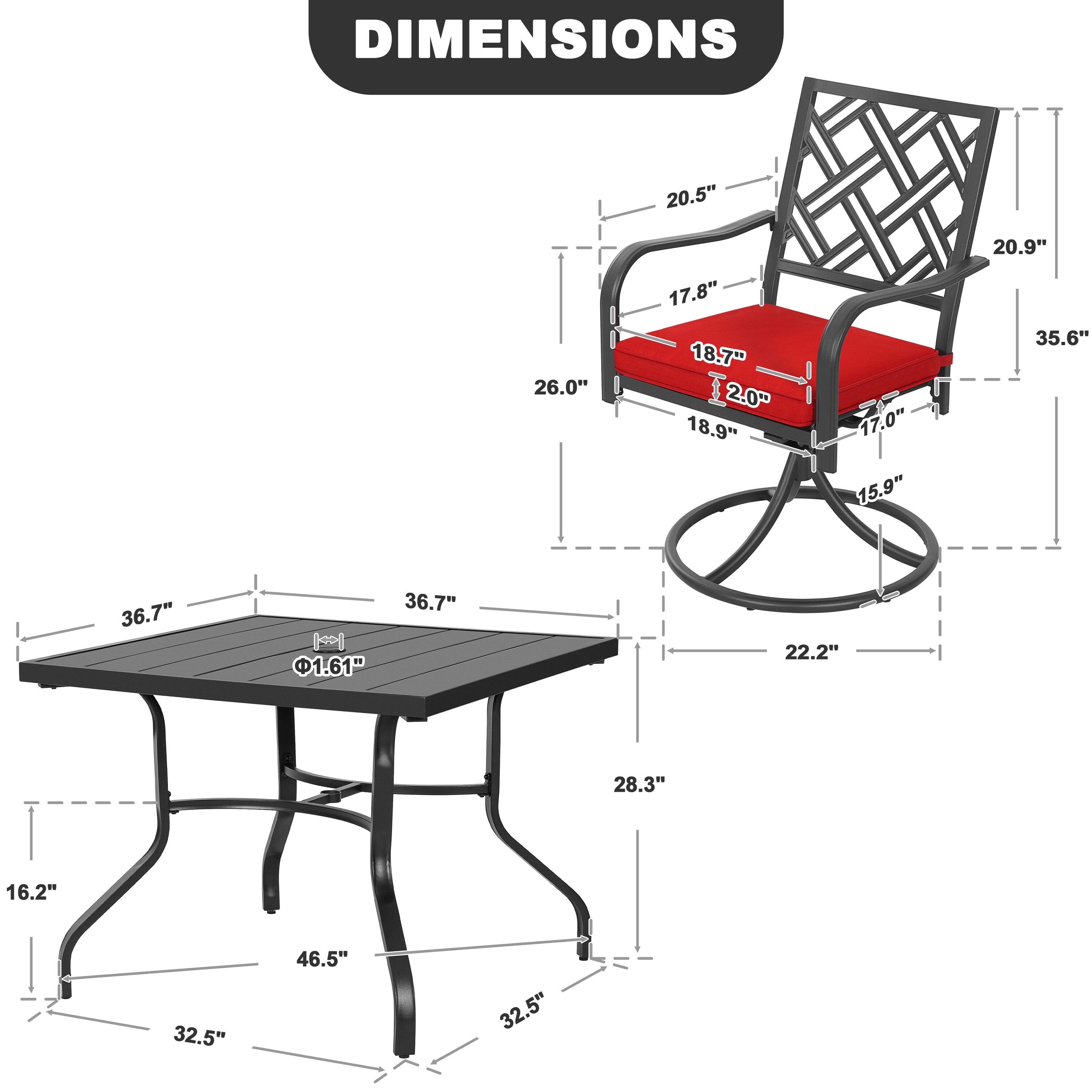 Nuu Garden Patio Dining Set 5 -Piece Black Patio Dining Set Iron Square ...