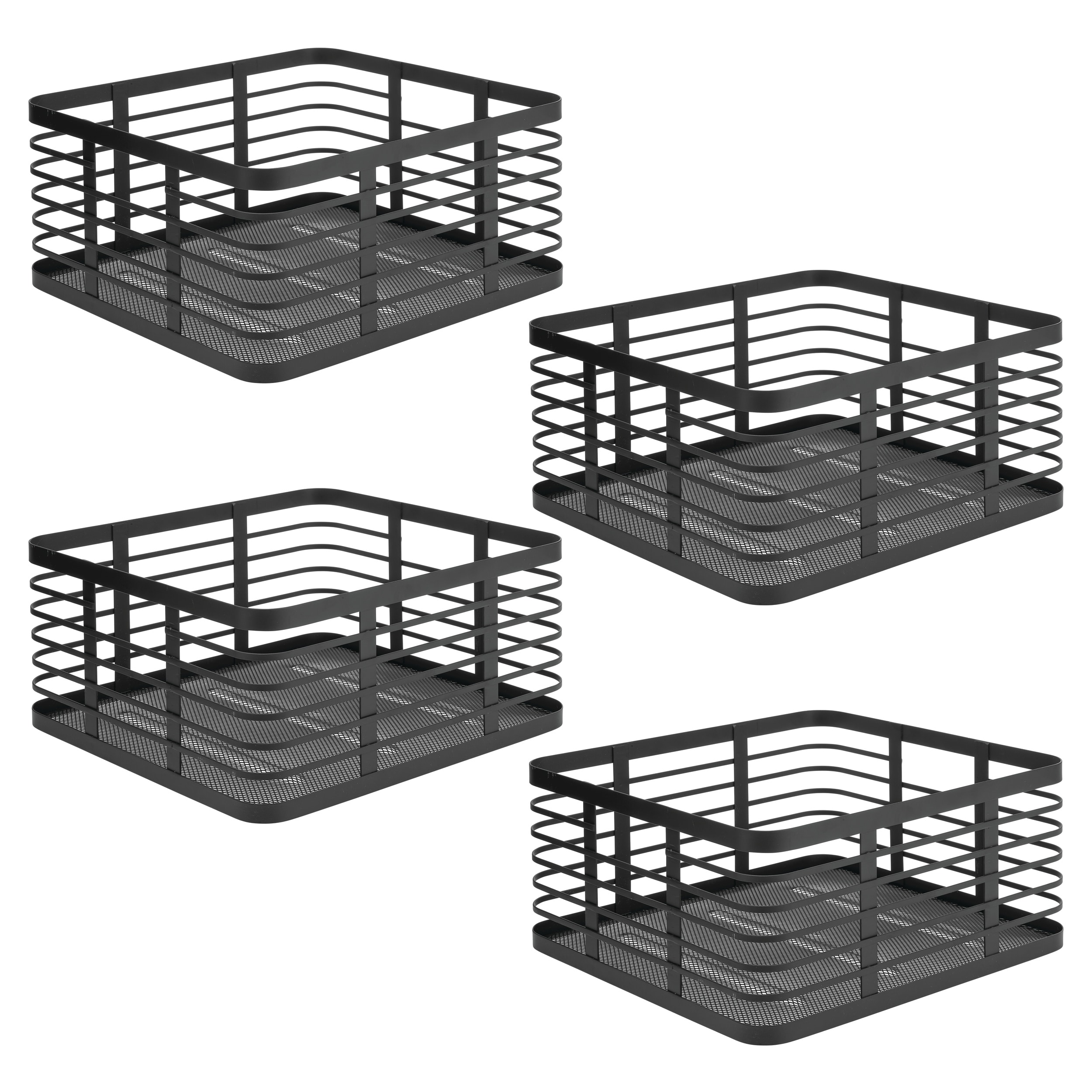 mDESIGN Metal Pantry Basket with Handles - Pantry Storage Baskets for Fruits and Vegetables - Set of 4 - Matte Black