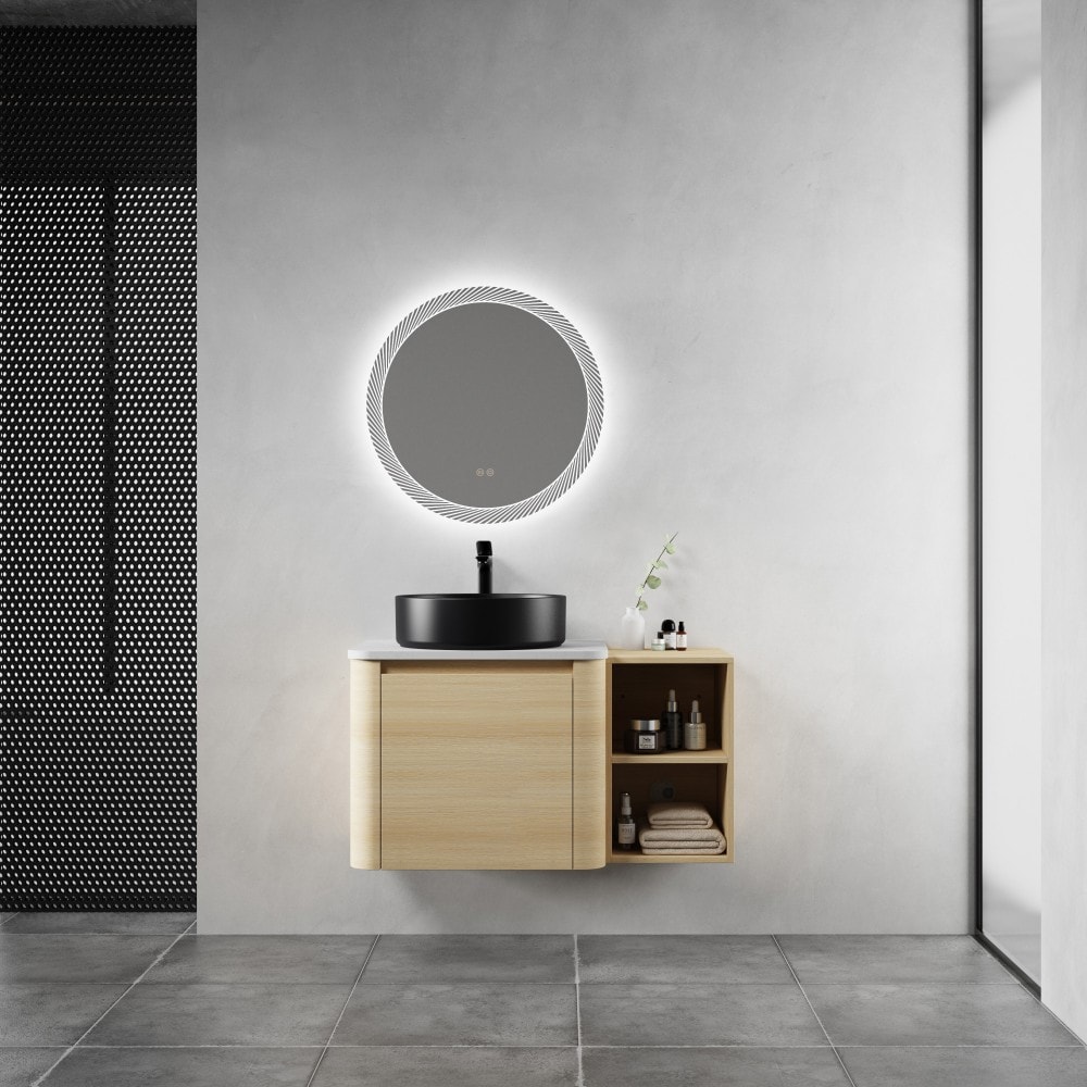 Basdien 36 in Ameican White Oak Wall Mount Vanity Ceramic Art Sink Storage Shelves Soft Close Door KD Packing Modern Plywood Scratch Water Resistant Melamine Surface Space Saving Floating Design Easy Clean Vessels Eco Friendly Paint Free Board