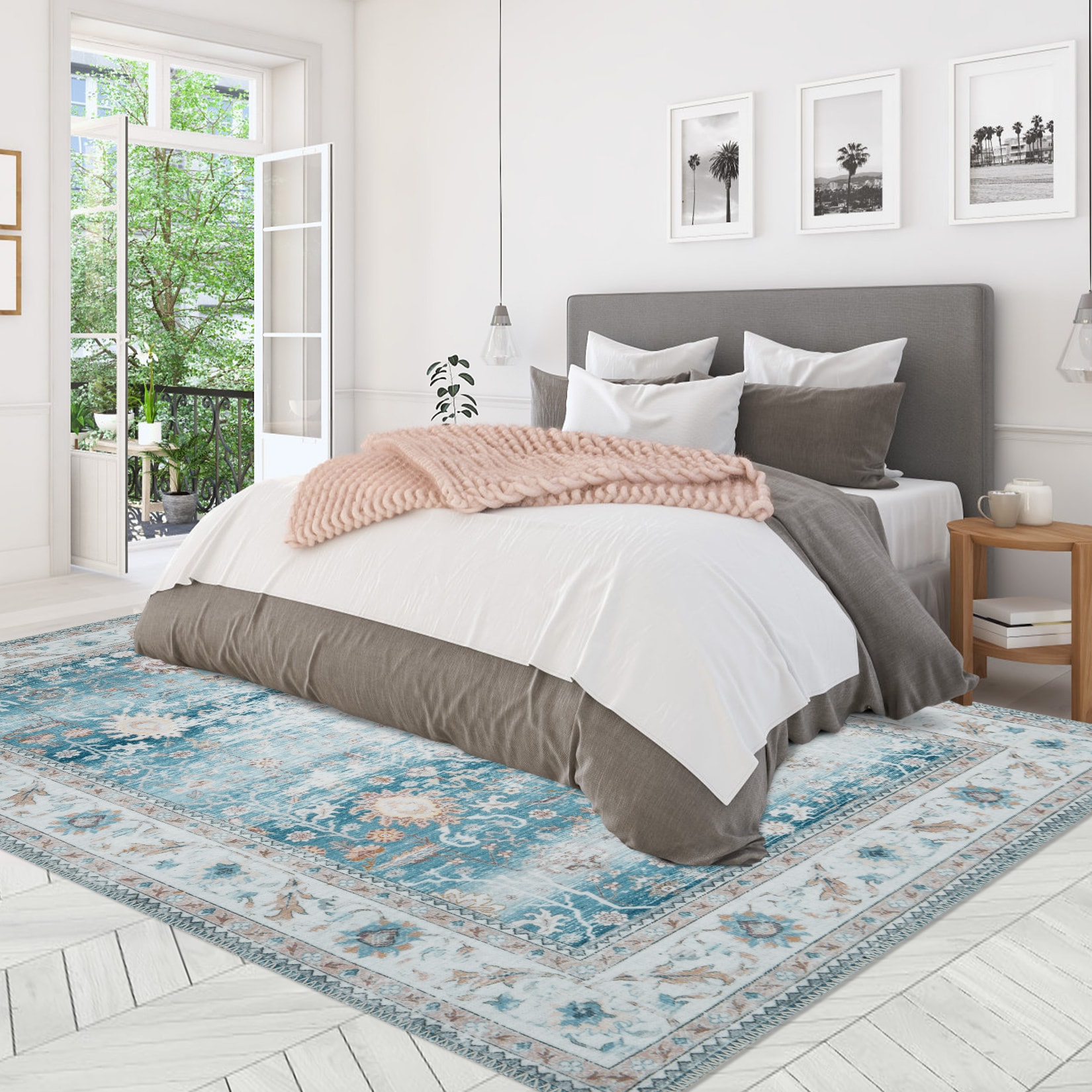 Garvee YXY-LO-PHO-0XT3RDBS 9 x 12 (ft) Microfiber Blue Rectangular Indoor Floral/Botanical Vintage Machine washable Area rug