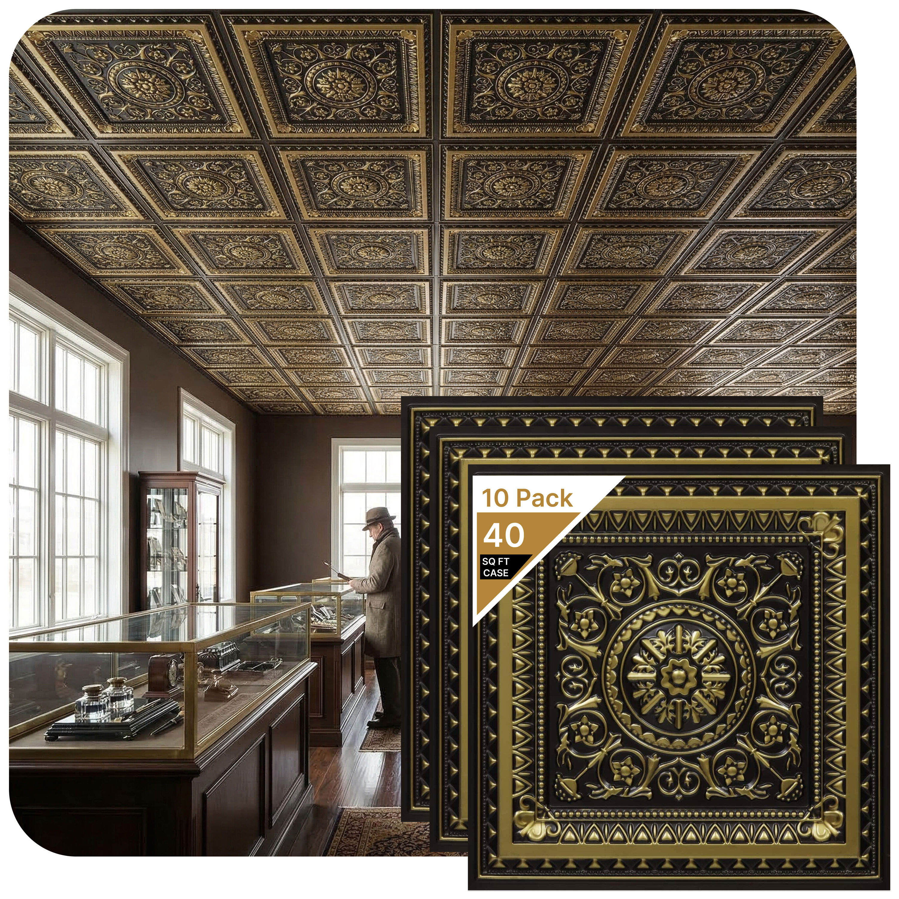 From Plain to Beautiful in Hours 2-ft x 2-ft La Scala Faux Tin/PVC Antique Brass PVC Drop-in/Adhesive Ceiling Tile ( 10 -Pack, 40-sq ft / Case )