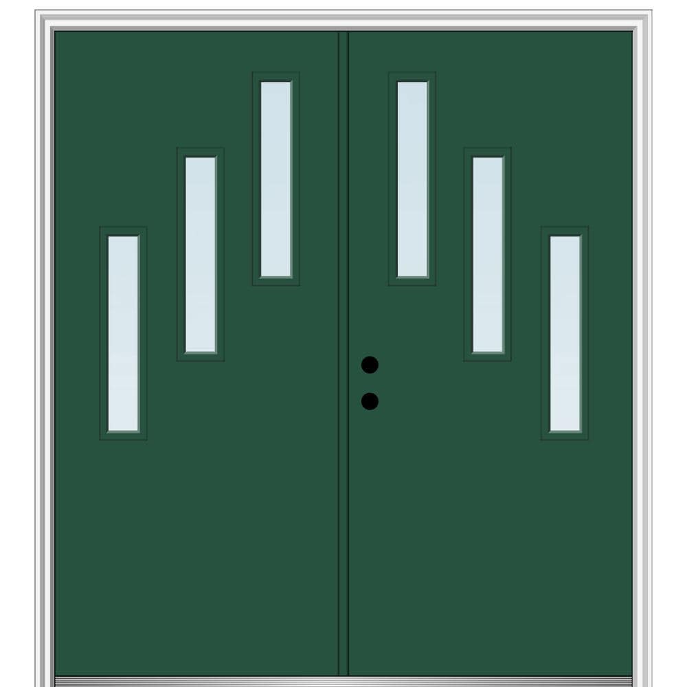 MMI DOOR ZZ349513R Spotlights 72-in x 80-in x 6-9/16-in Fiberglass Pulse lite Right-hand inswing Hunter Green Painted Prehung Double Front Door with Brickmould Insulating core