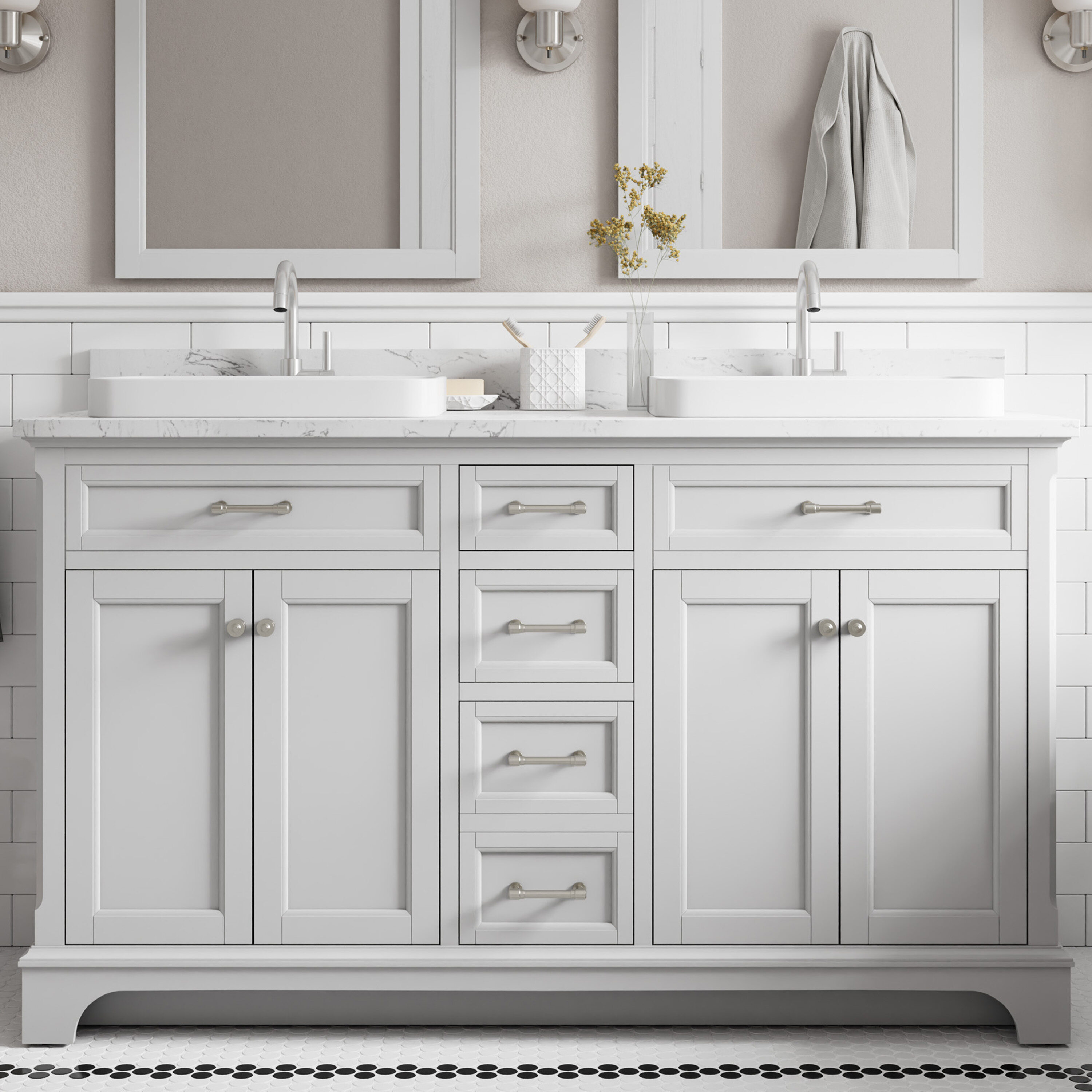 Roveland 60-in Light Gray Semi-recessed Double Sink Bathroom Vanity with Carrara Engineered Marble Top | - allen + roth 2026VA-60-242-925-SR