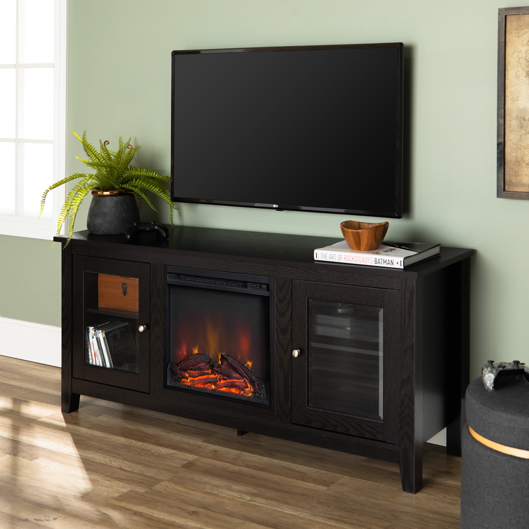Walker Edison W58FP4DWBL 58-Inches W Black TV Stand with LED Flat wall Electric Fireplace