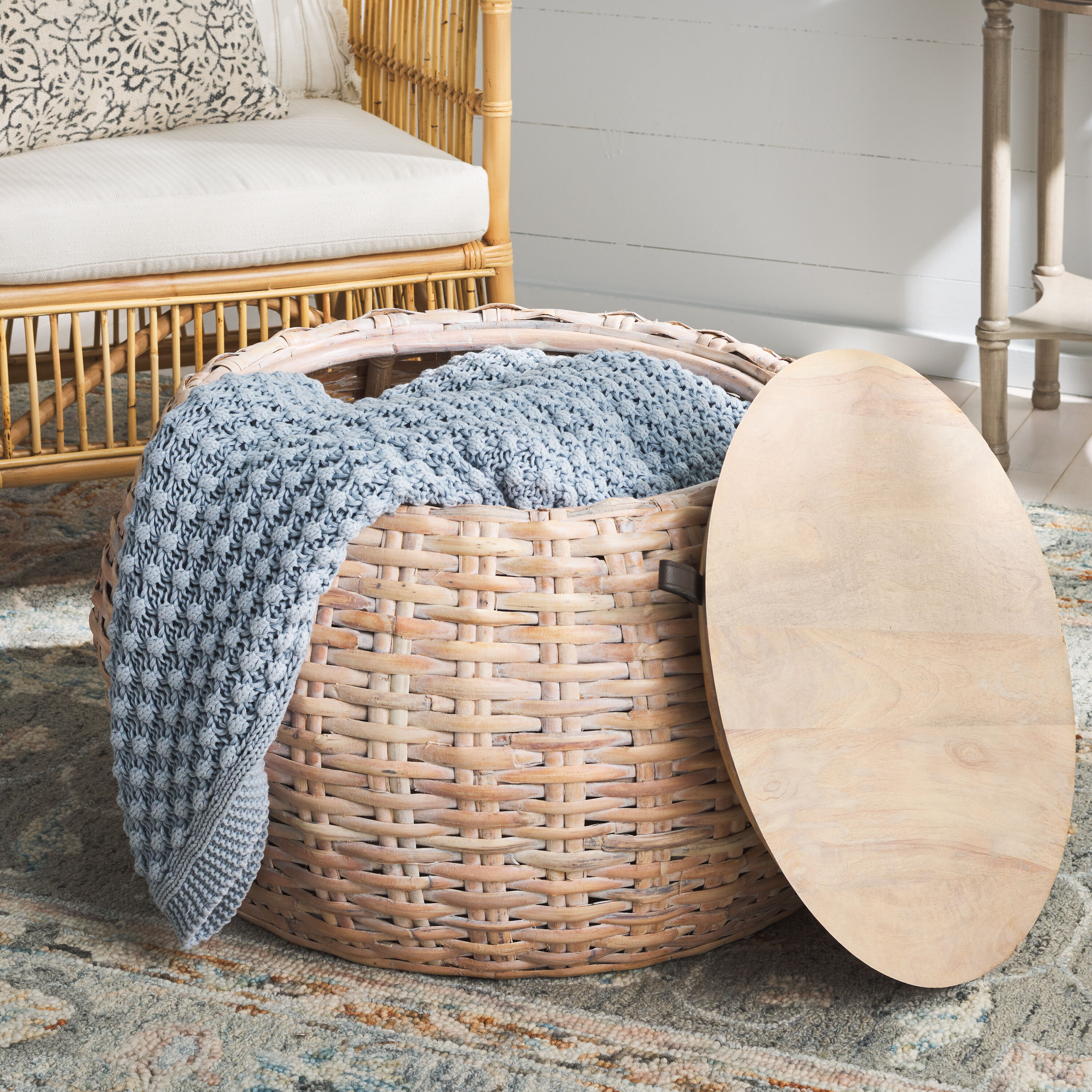 Natural White Wash Wood and Rattan Round Coffee Table
