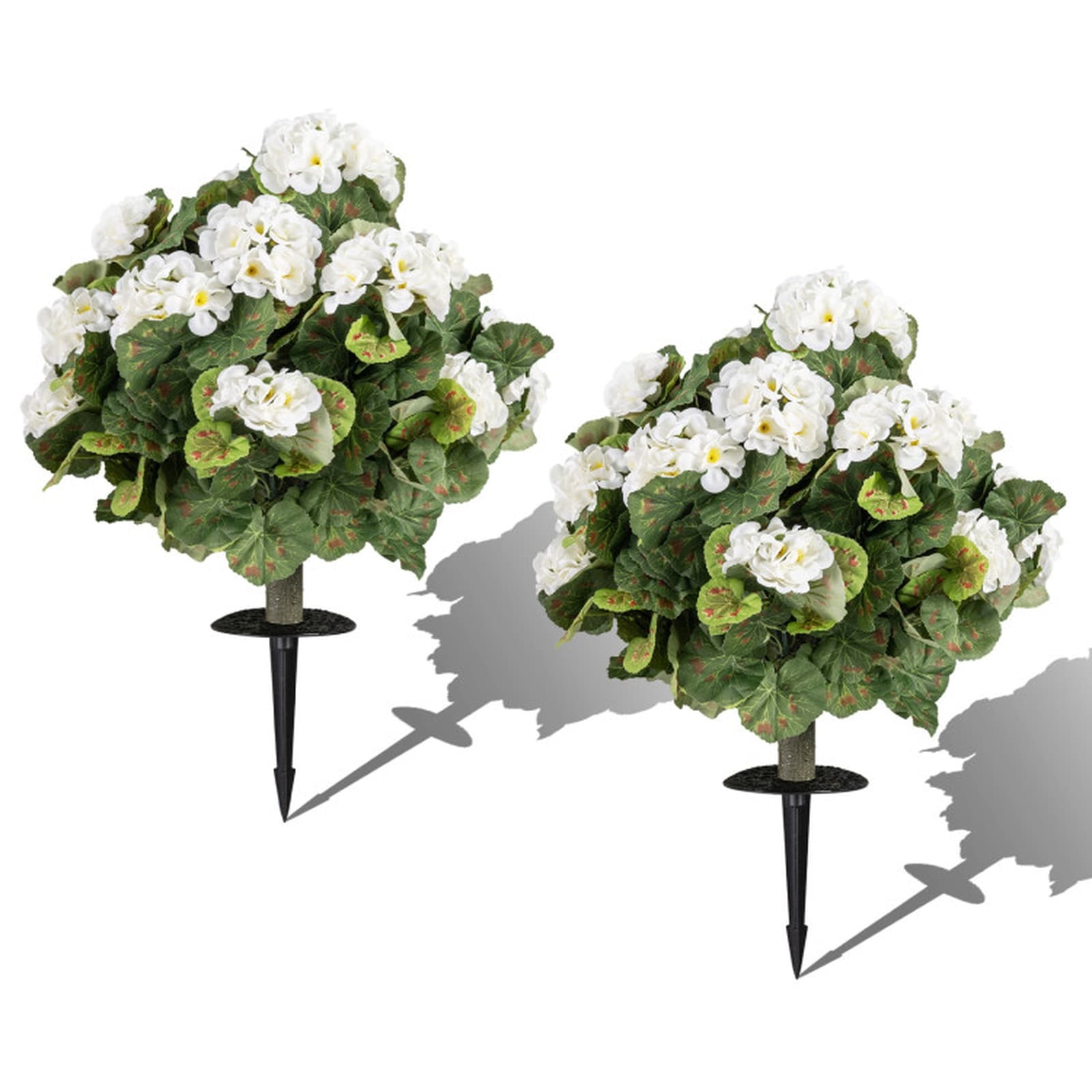SUGIFT Artificial Begonia Topiary Trees Set of 2 13-in Faux Outdoor Plants Evergreen Shrubs with Aluminum Ground Spikes White Green