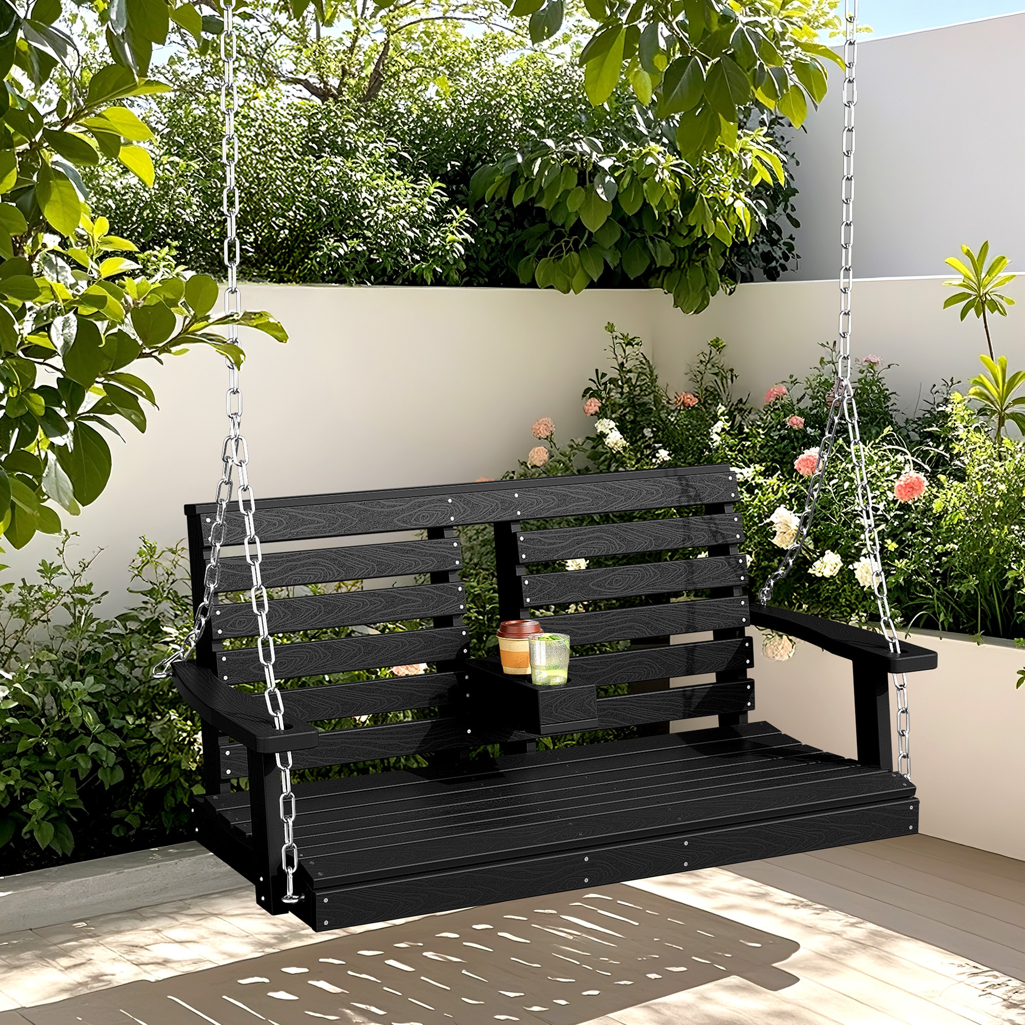 JEAREY PEKDY-BLACK Porch Swing Chair With Chains 2 -person Black HDPE Outdoor Swing