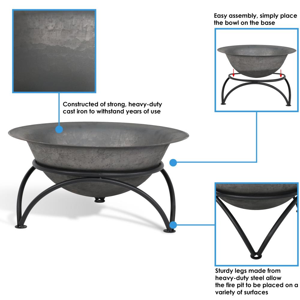 23.5" Dark Gray Cast Iron Wood-Burning Fire Pit Bowl with Stand