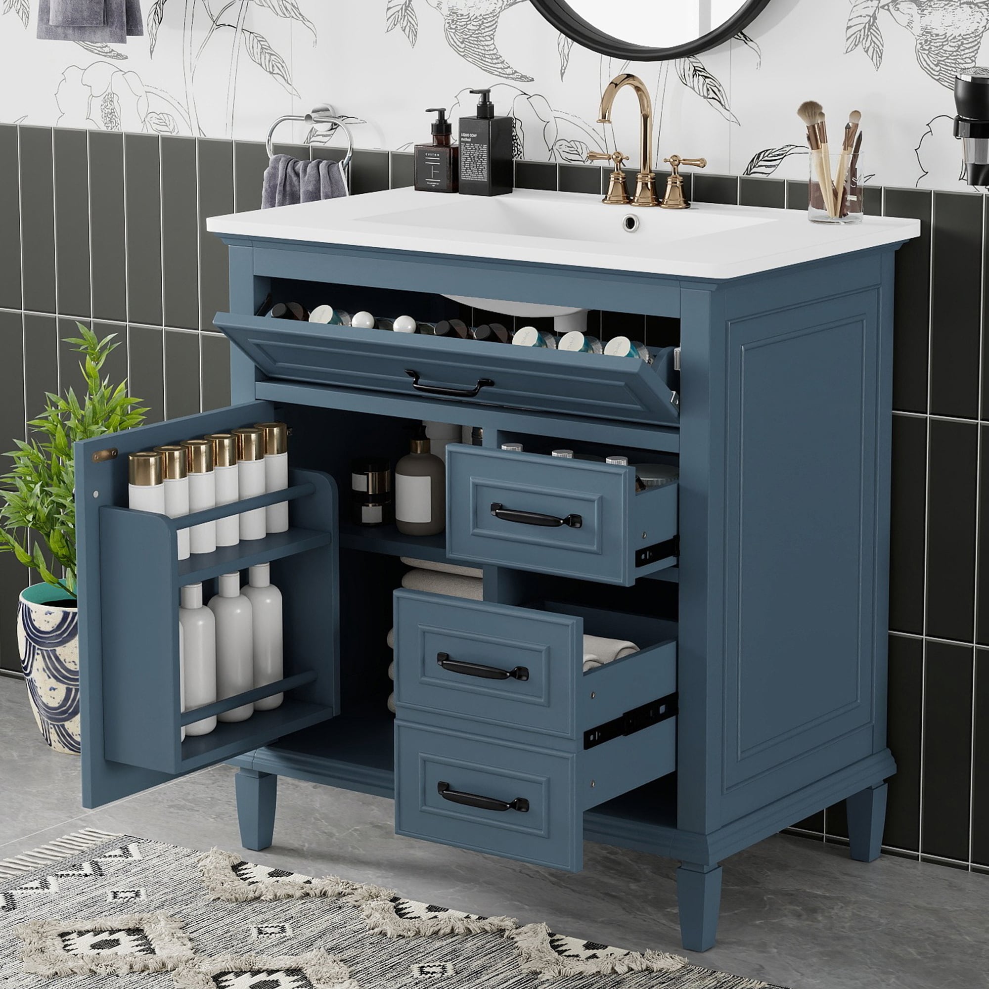 Wooakway 30 Inch Bathroom Vanity Freestanding Solid Pine Wood And MDF Cabinet With Flip Drawer Adjustable Shelf Blue Gray Painted Ceramic Sink Top Modern Single Sink Vanity