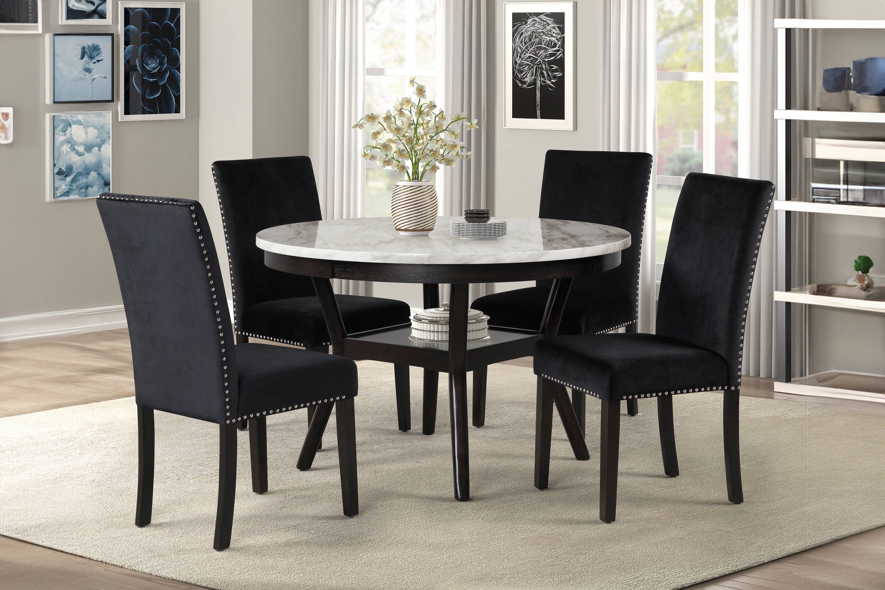 Celeste 5-Piece Black Faux Marble Dining Set with Velvet Chairs