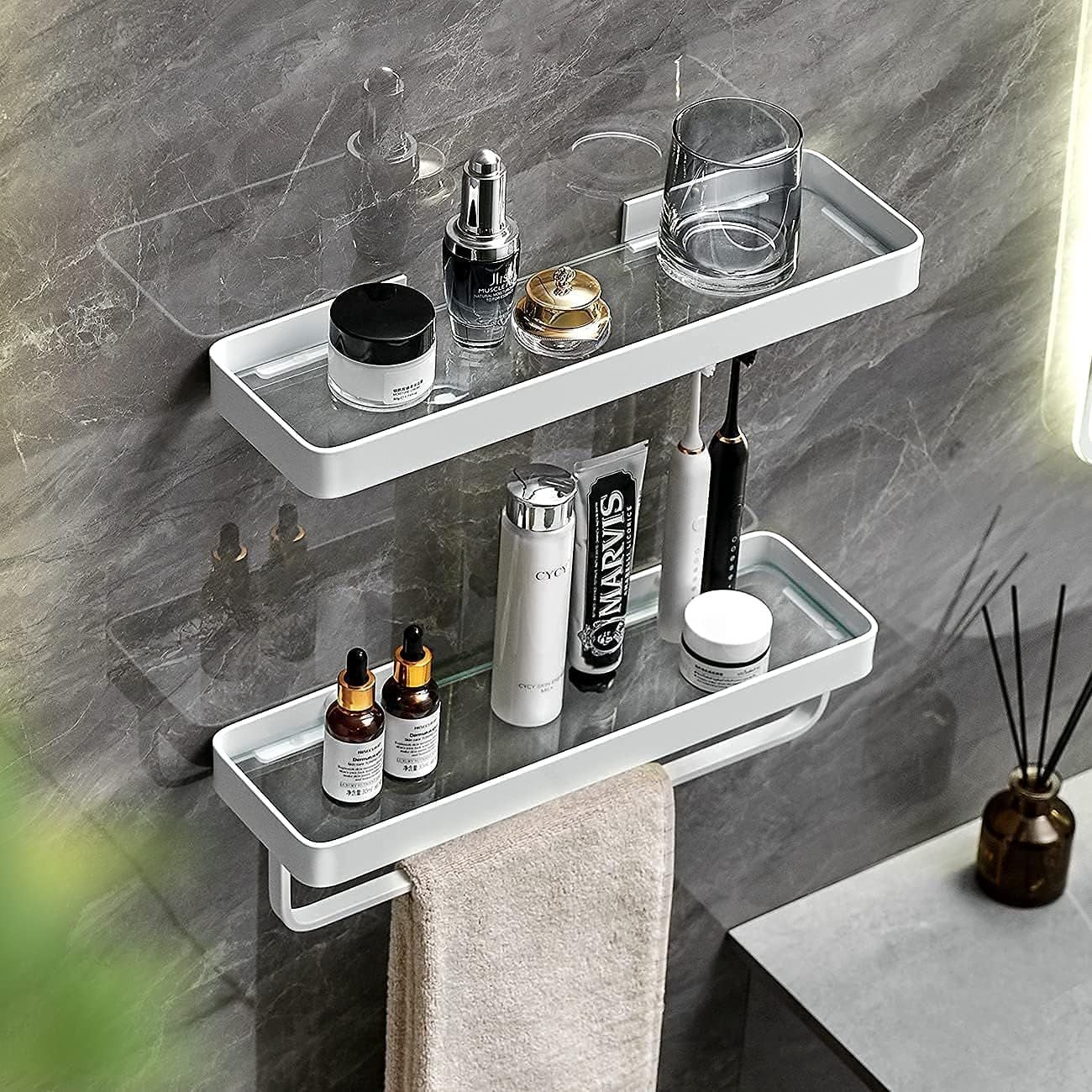 JUSHUA Bathroom Shelves Wall Mounted Glass Shelves for Bathroom Floating Shelf with Towel Holder Glass Shower Shelf 2 Tier Bathroom Wall Organizer