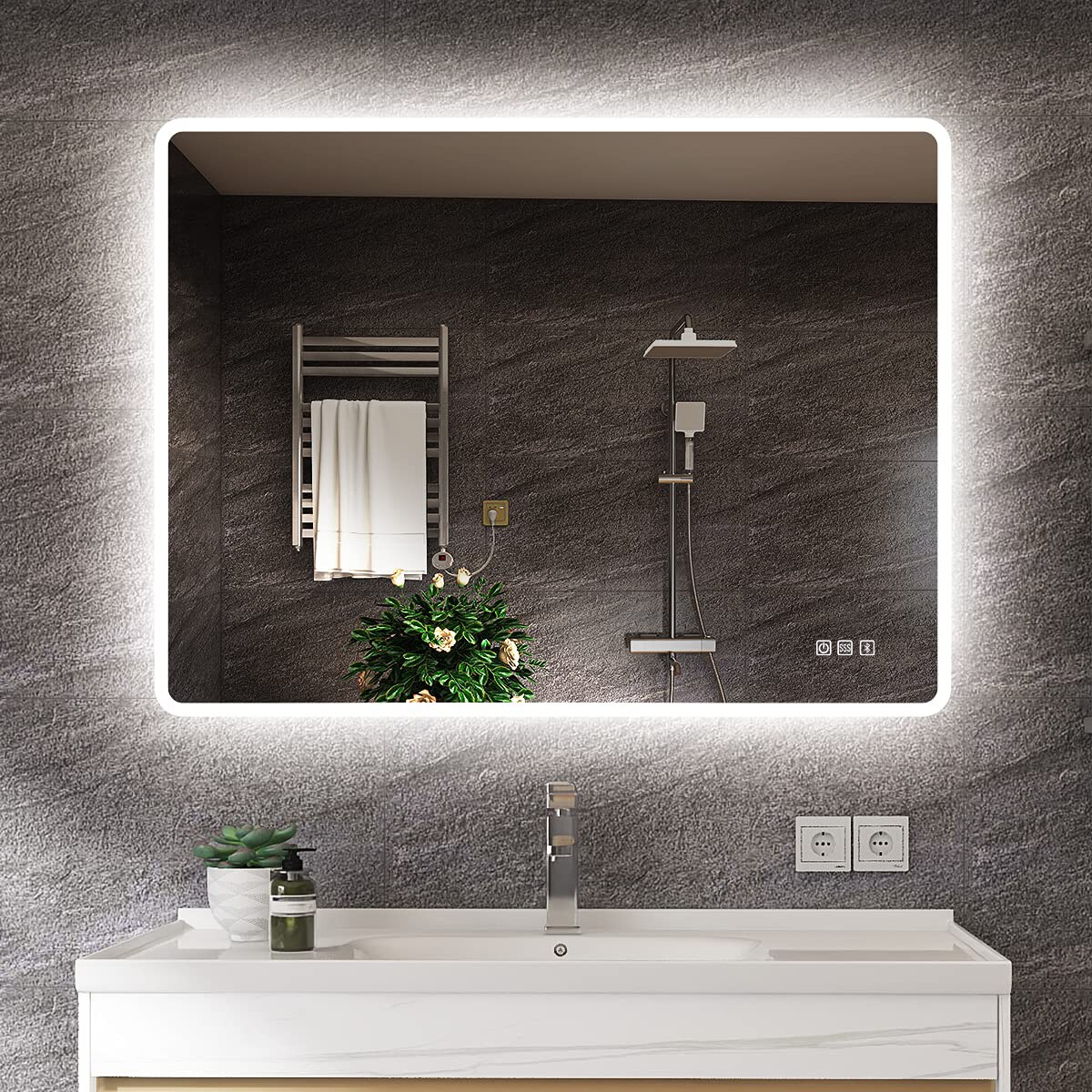 KINWELL Bathroom Mirror 31.5-in W x 23.6-in H LED Lighted White Rectangular Fog Free Frameless Bluetooth Bathroom Vanity Mirror