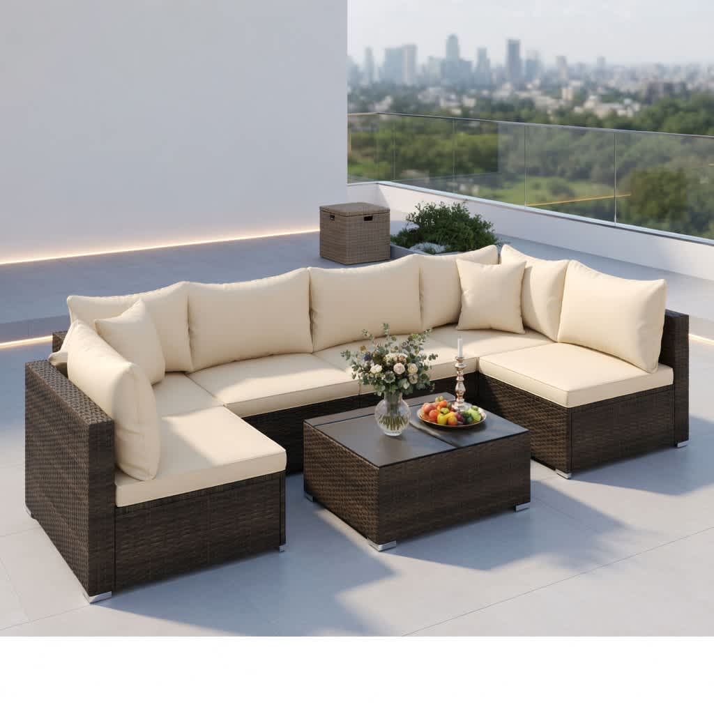 Choco Moon 7 Piece Outdoor Rattan Patio Furniture Set with Beige Navy Cushions Sectional Sofa Coffee Table Tempered Glass Top Steel Frame