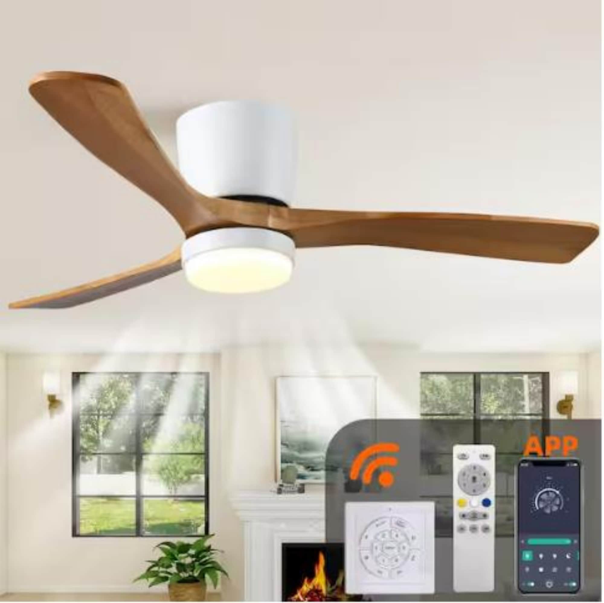 ToolCat 52-in Brown with Brown Blades LED Flush Mount Smart Ceiling Fan With Light and Remote Control Included 3 -Blade