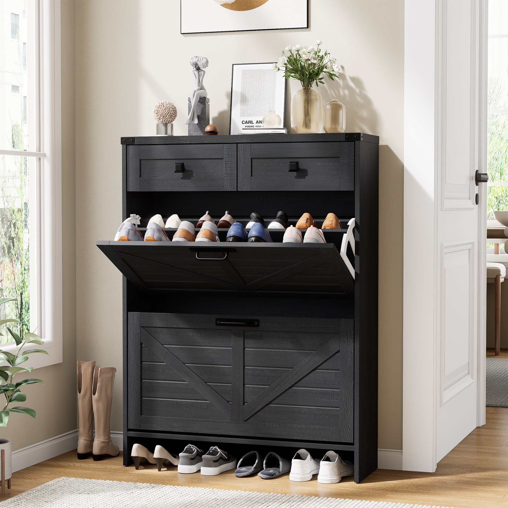 Vabches Farmhouse Black Slim Shoe Cabinet with 2 Flip Drawers Barn Doors 2 Storage Drawers and Open Bottom Shelf Holds 16 Pairs for Entryway Hallway