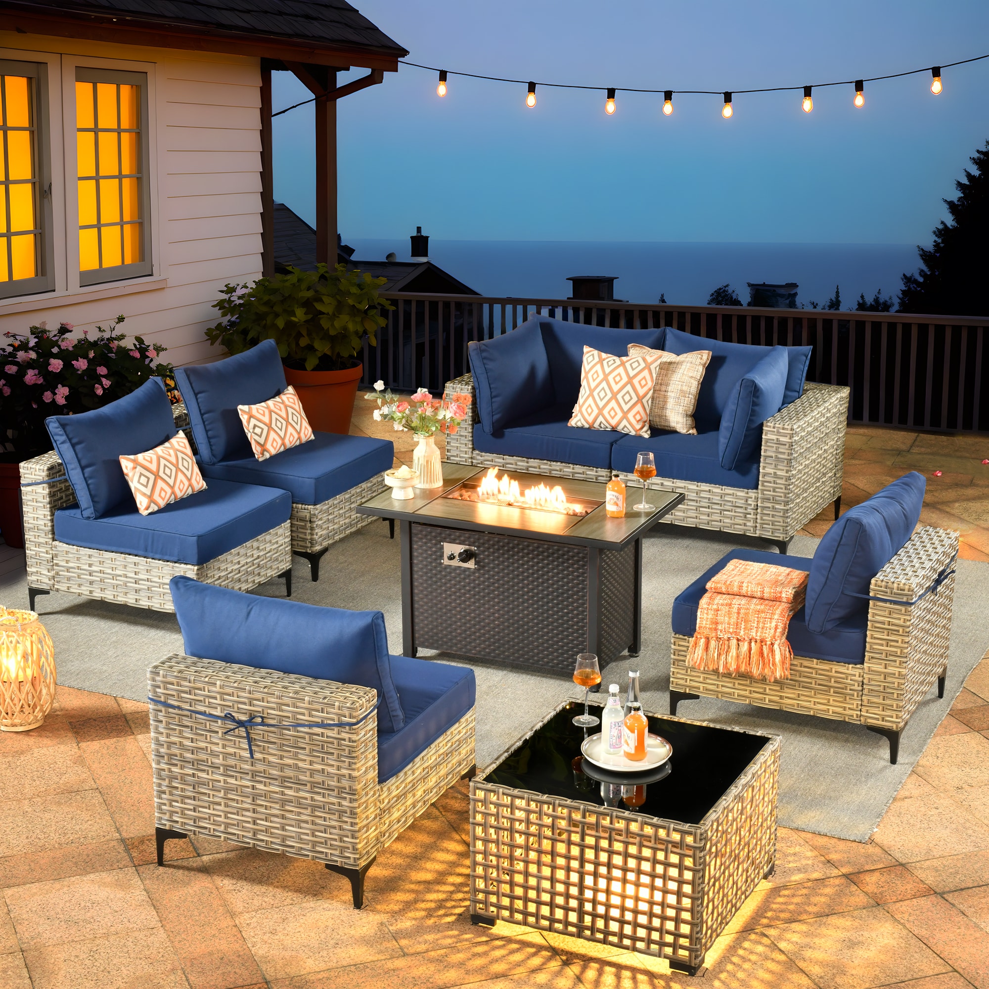 Caodoc L5-CFP03-SKT708-1 SKT Wicker Outdoor Sofa with Blue Cushions and Wicker Frame