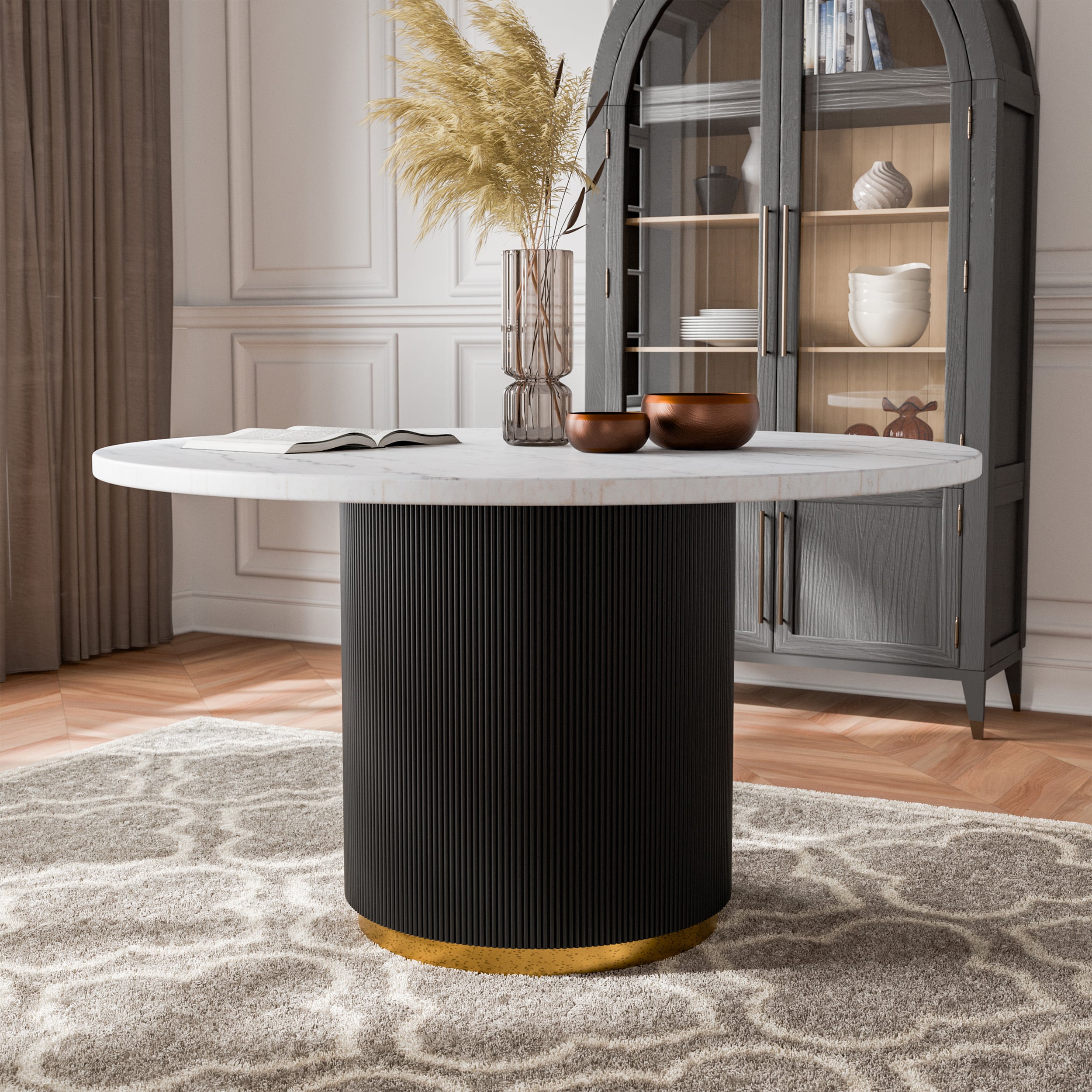 Furniture of America IDF-N3431WH-RT Beyer White Round Contemporary/Modern Marble Dining Table, with Black Finish and Composite Pedestal Base 54-in L x 30-in H