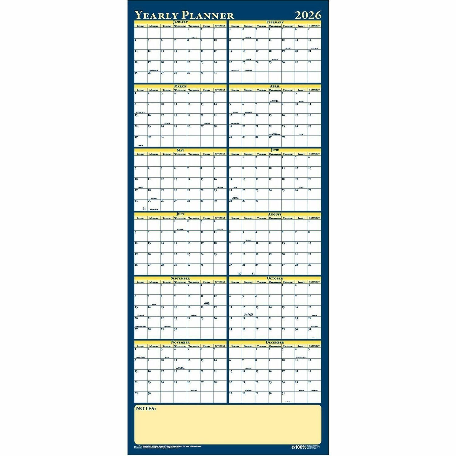 House of Doolittle Recycled Reversible Yearly Wall Planner  60 x 26  White Blue Yellow Sheets  12 Month Jan to Dec 2026
