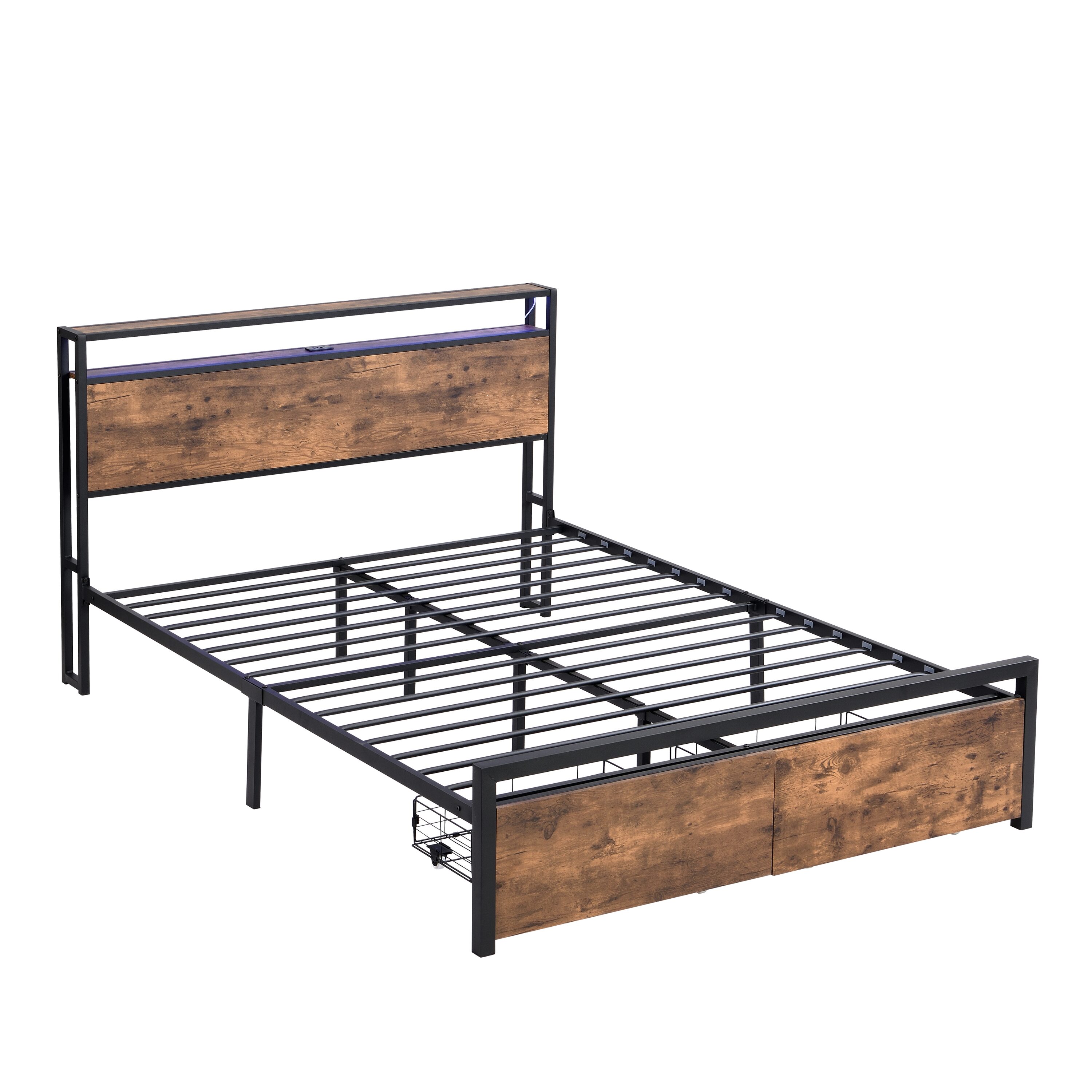 Flynama L-126253 Black+Brown Queen Wood and metal Bed frame Bed with Storage