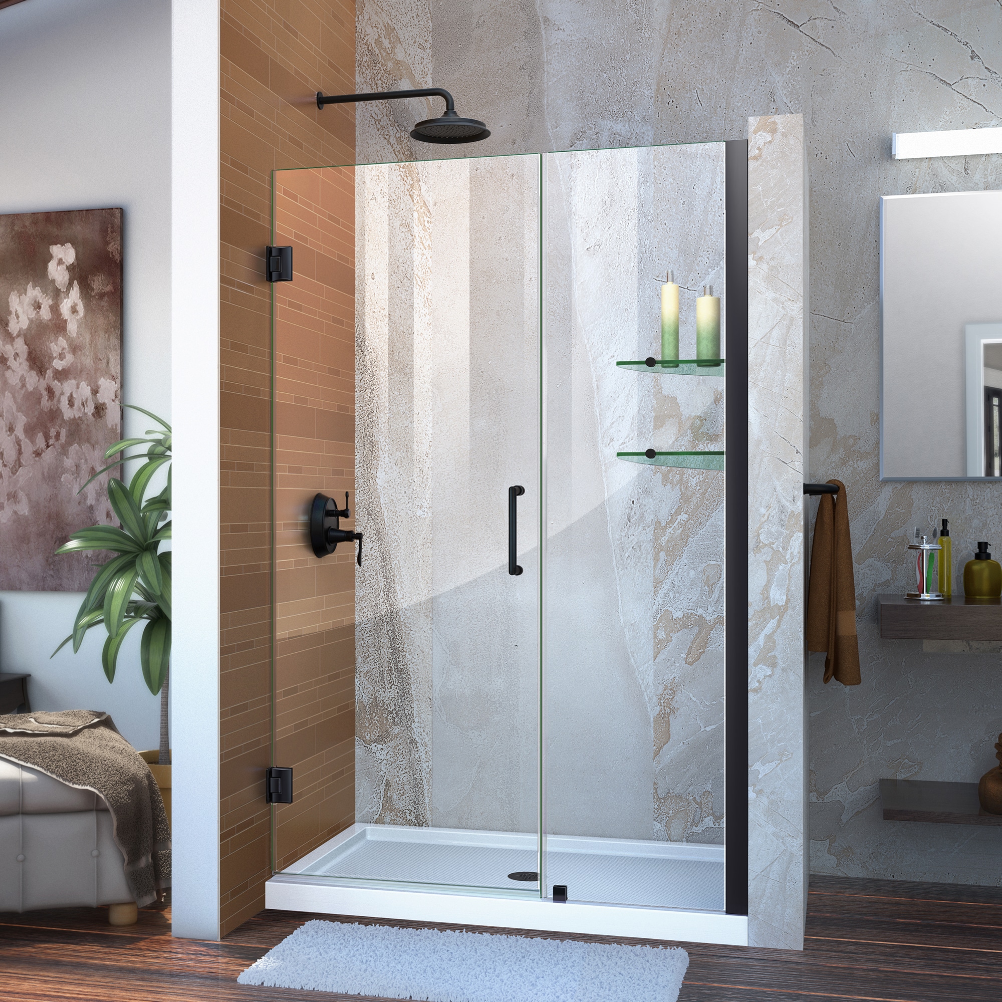 DreamLine SHDR-20437210S-09 Unidoor Matte Black 43-in to 44-in W x 72-in H Frameless Hinged Shower door 3/8-in Thick Clear Glass